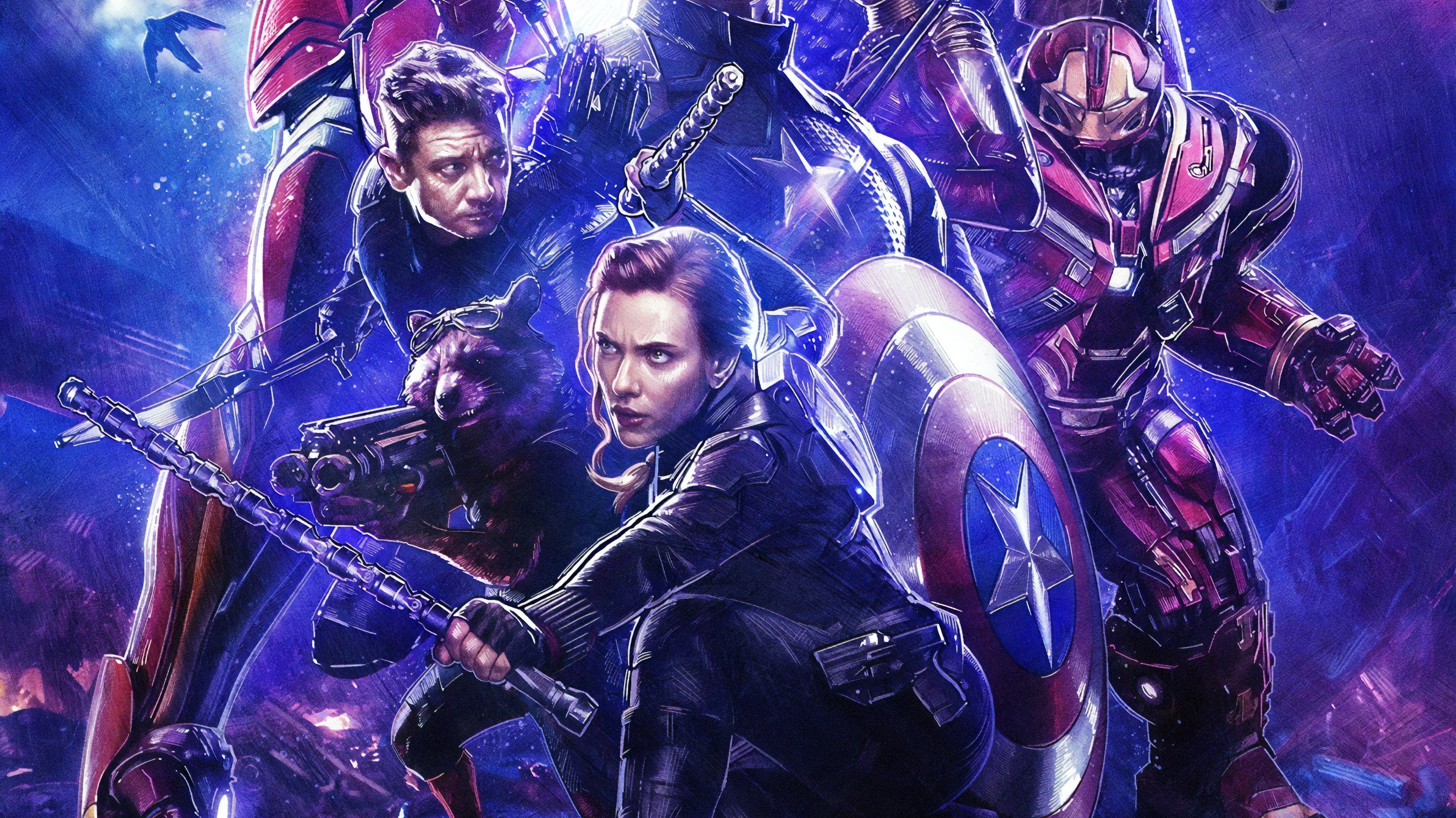 Hulkbuster, Scarlett Johansson, Rocket Raccoon, 2K, The Avengers, Hawkeye, Black Widow, Avengers EndGame, Jeremy Renner, HD Wallpaper