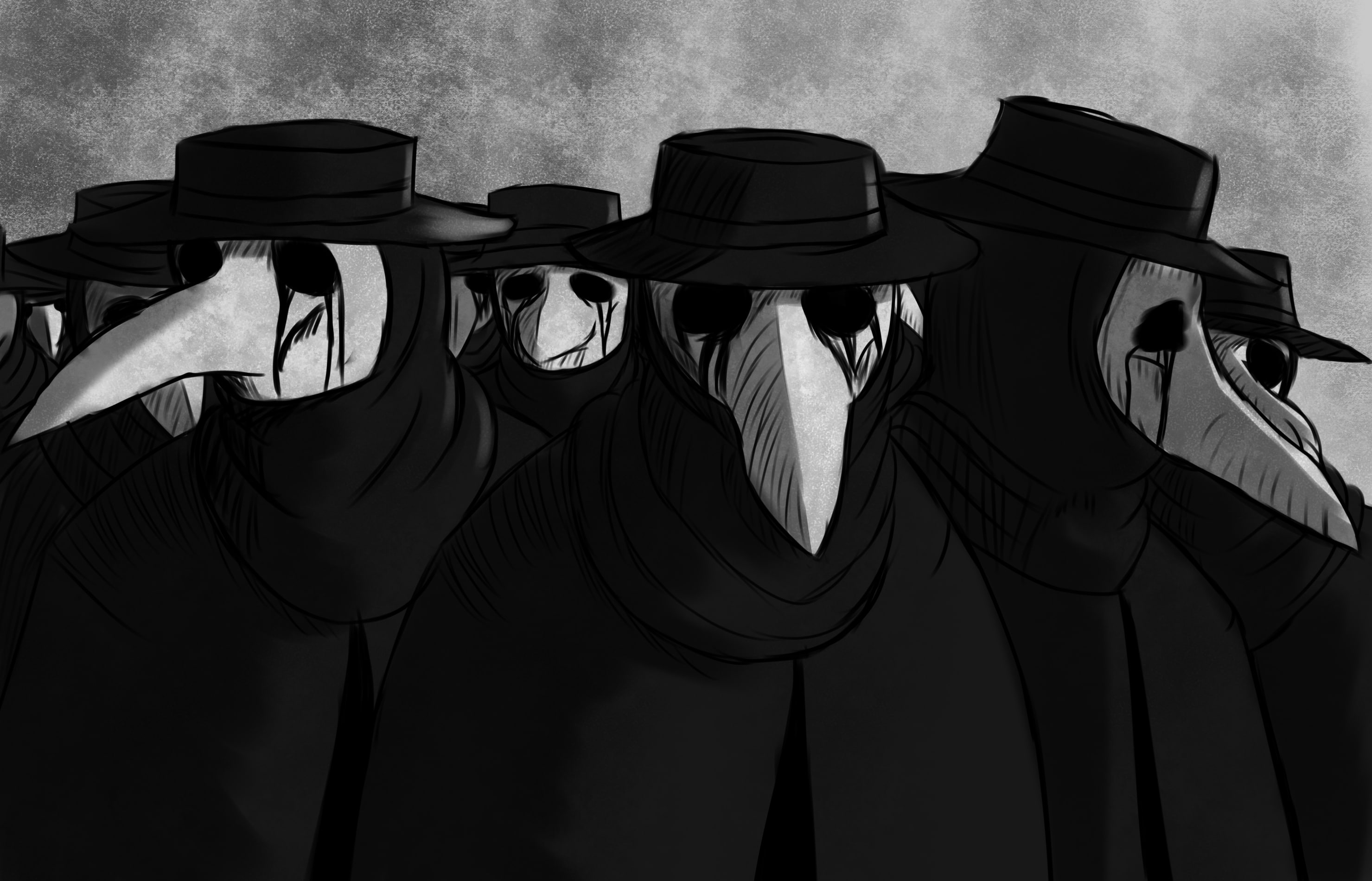 coat, 2K, in a row, shadow, nature, pattern, outdoors, high angle view, Fantasy, artwork, black color, leisure activity, fashion, hat, clothing, plague doctors, HD Wallpaper