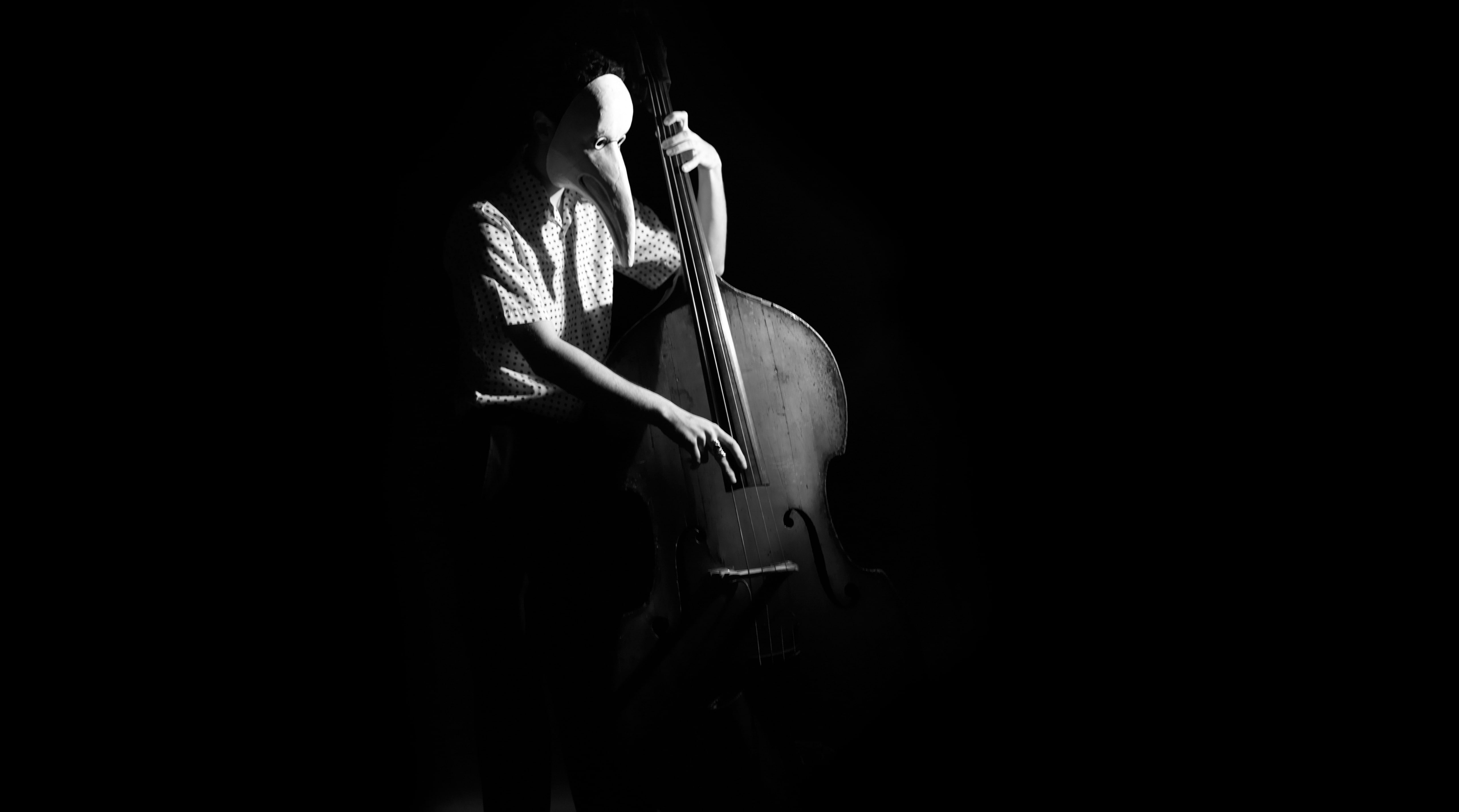 5K, person, men, adult, black background, plague doctor, instrument, three quarter length, creepy, Black and White, holding, Music, musical equipment, HD Wallpaper