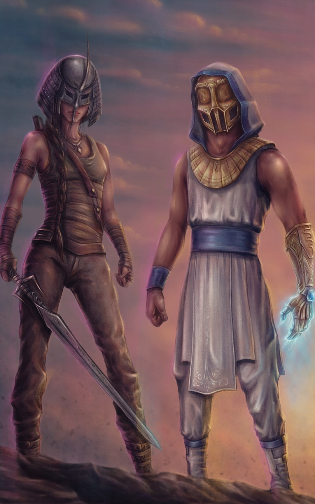 concept art, digital art, sword, character design, illustration, Sickick Music, 720P, warrior, mask, fantasy art, Phone HD Wallpaper