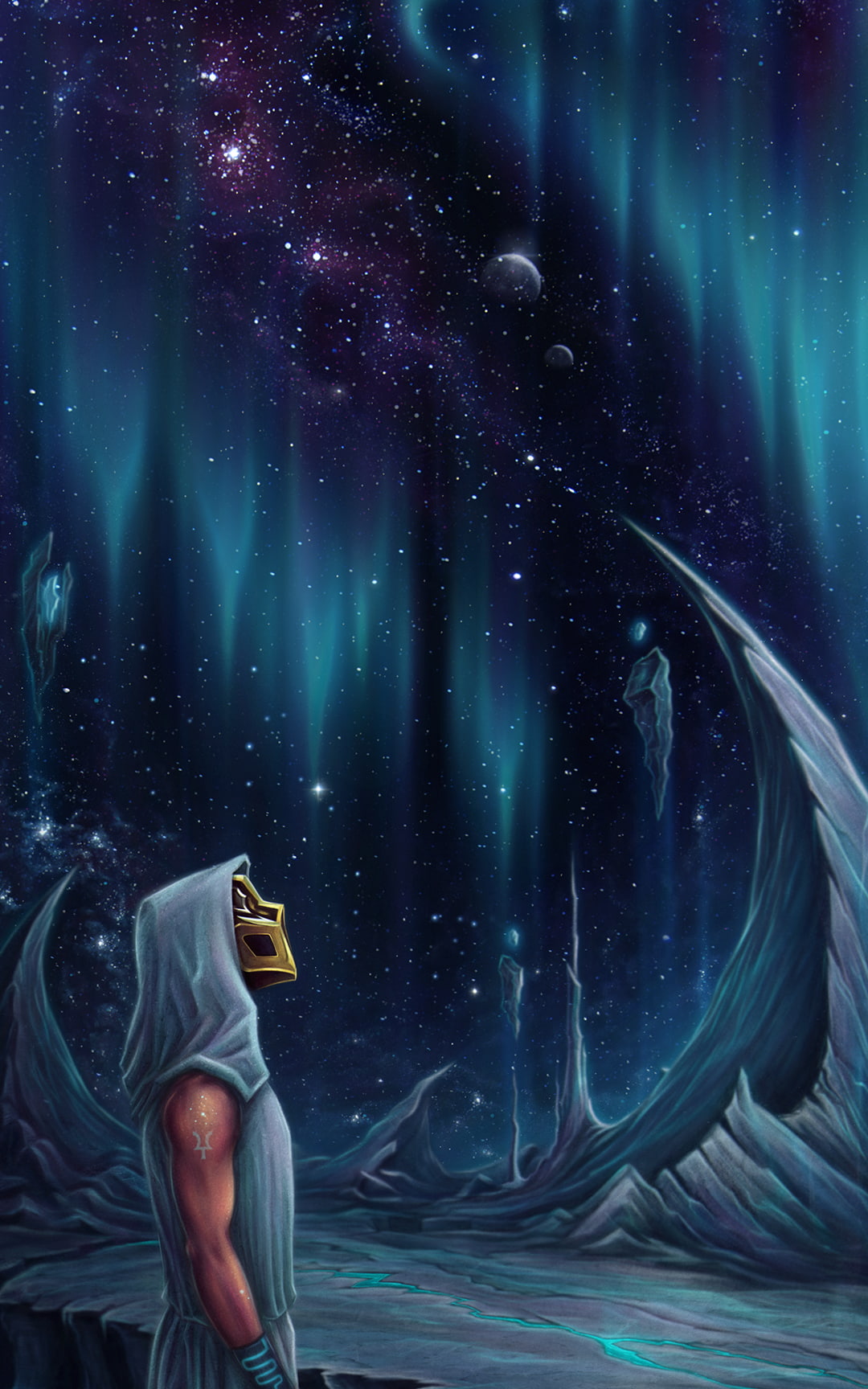 space, stars, fantasy art, people, Sickick Music, mask, illustration, digital art, 720P, character design, space art, concept art, science fiction, Phone HD Wallpaper