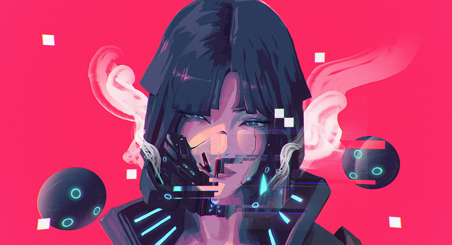 leather, jacket, women, character design, glitch art, science fiction, gas masks, 1080P, cyberpunk, HD Wallpaper