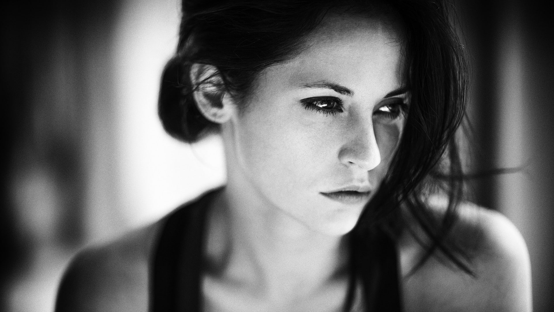 emotion, human body part, indoors, women, body part, sadness, young adult, headshot, hairstyle, contemplation, one person, portrait, women monochrome dark hair granularity brunette depth of field, HD Wallpaper