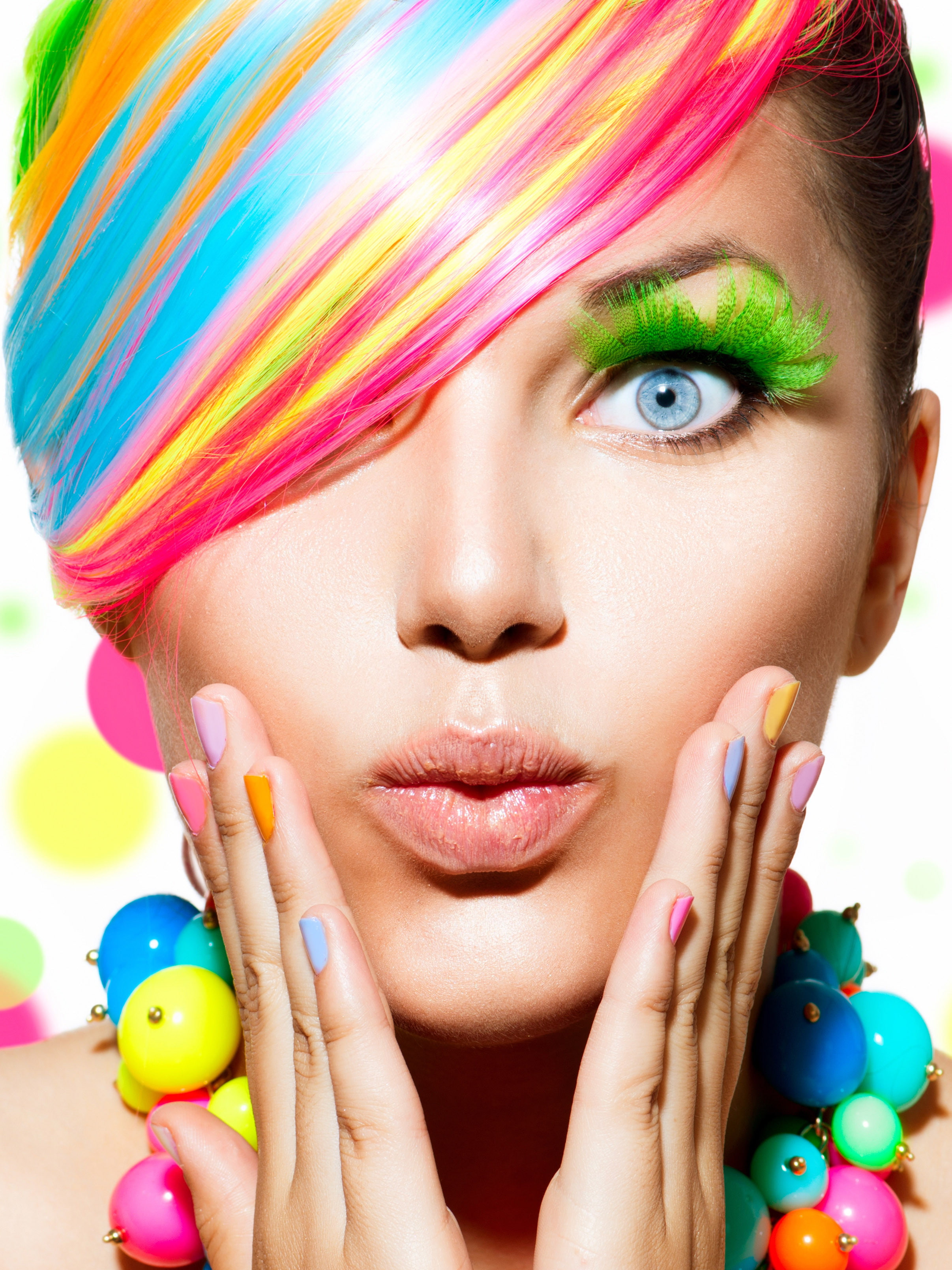 eyelash, beauty, Rainbow hair, one person, face, human face, glamour, eyeshadow, blue eyes, close-up, portrait, beautiful woman, adult, colorful, nail, Phone HD Wallpaper
