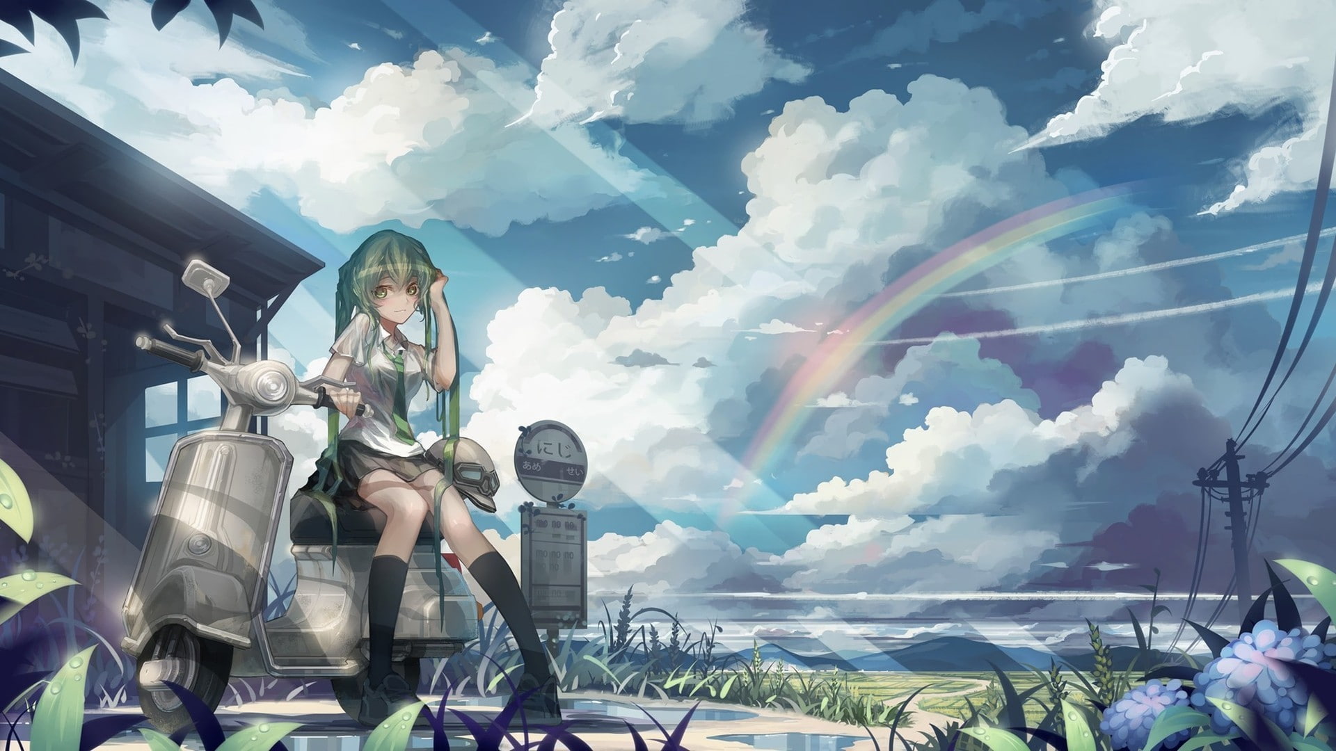 rainbows, anime, uniform, green hair, landscape, anime girls, 1080P, power lines, scooters, clouds, motorcycle, sun rays, blue hair, sky, long hair, HD Wallpaper