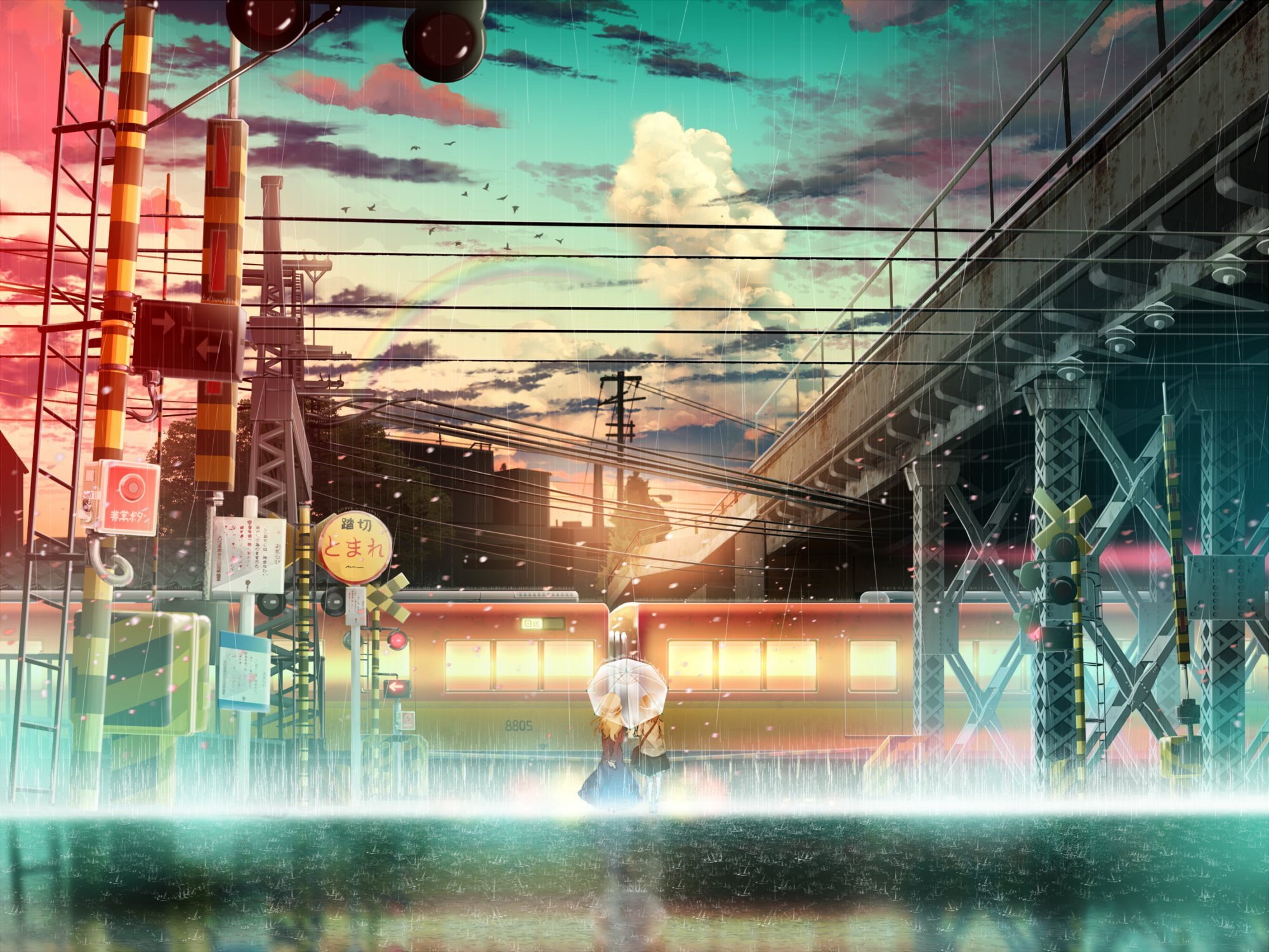 touhou, scenic, dress, blonde, umbrella, girls, building, usami, water, rainbow, skirt, bird, 1080P, clouds, renko, hair, sky, han, rain, long, train, HD Wallpaper