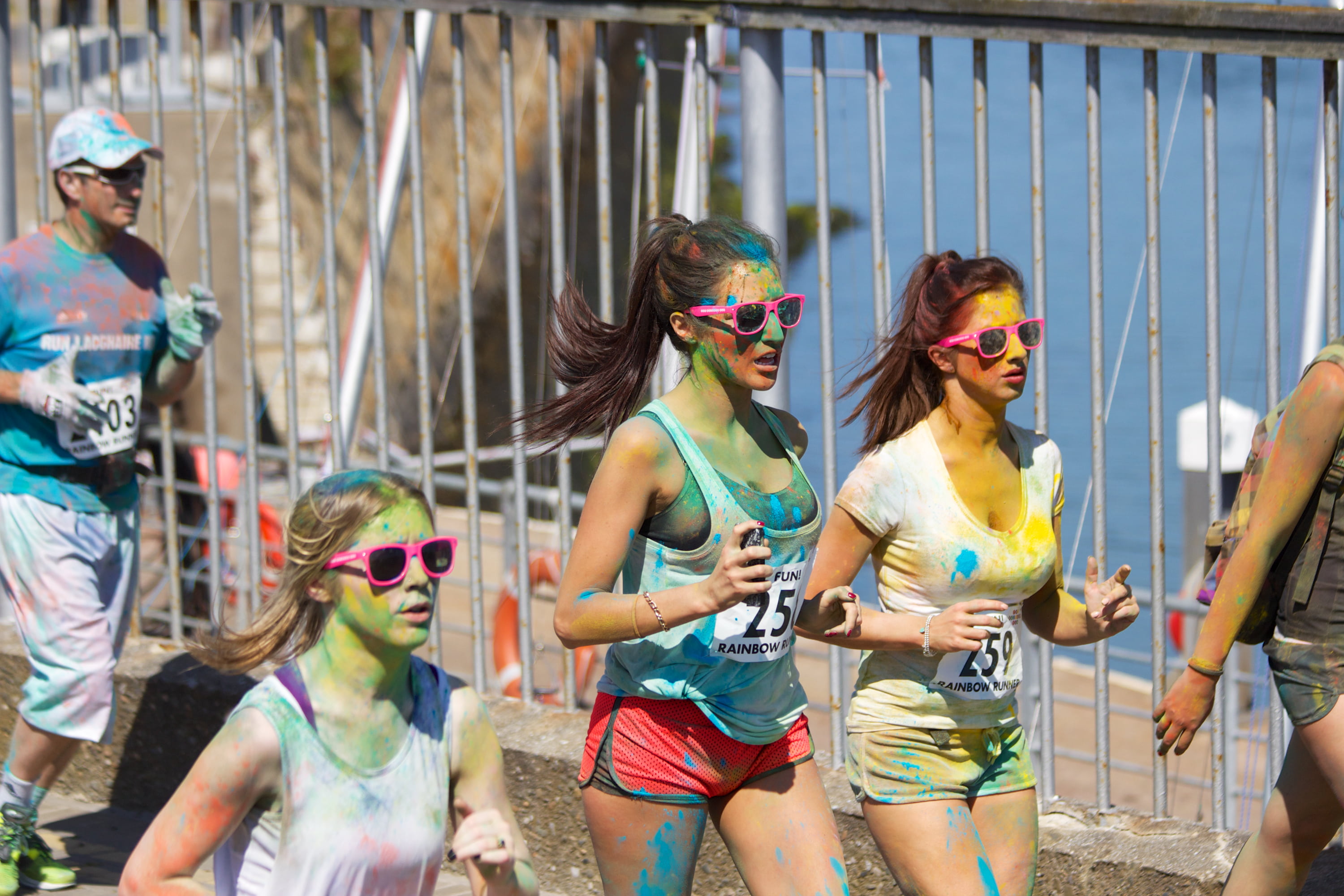 standing, jogging, paint, leisure activity, girls, adult, color run, glasses, music festival, fence, brunettes, people, 2K, runners, sunglasses, shorts, HD Wallpaper