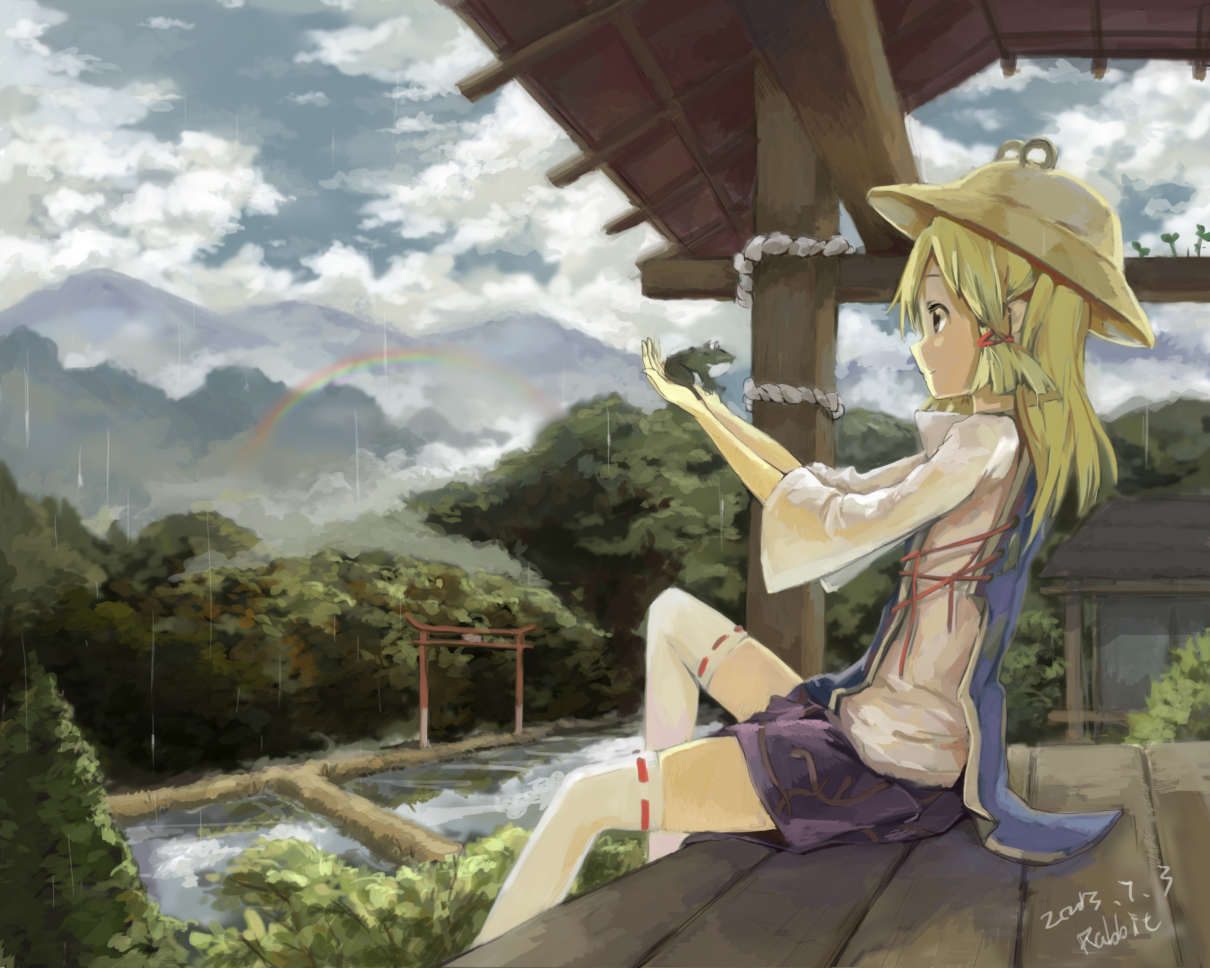 moriya, eyes, animals, brown, rain, architecture, ribbons, stockings, long, games, touhou, anim, video, frogs, mountains, trees, blondes, highs, clouds, HD Wallpaper