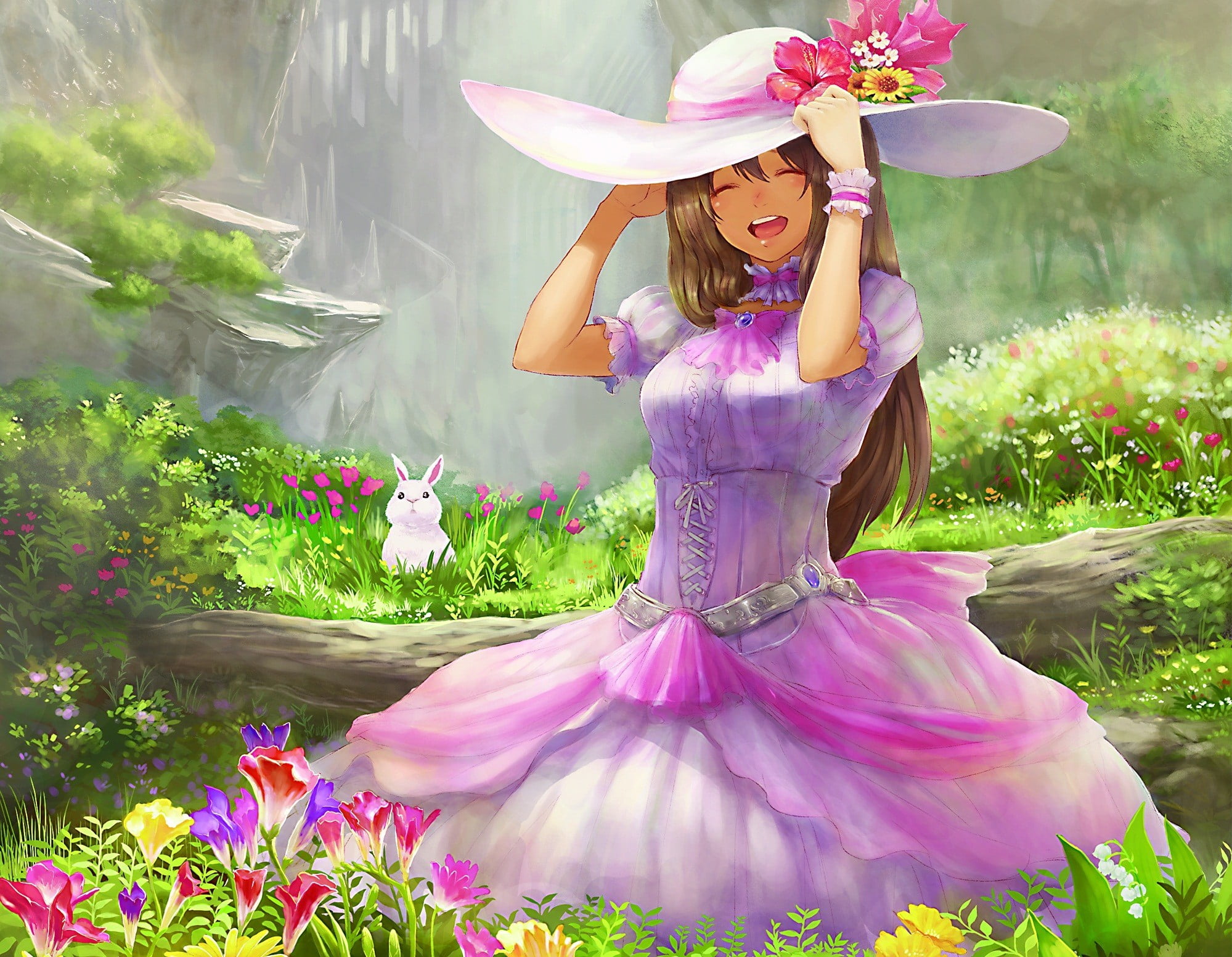 purple, dress, animated, human arm, fun, rabbit, fashion, white, elegance, long hair, emotions, haired, guchico, people, fantasy, celebration, girl, nature, HD Wallpaper