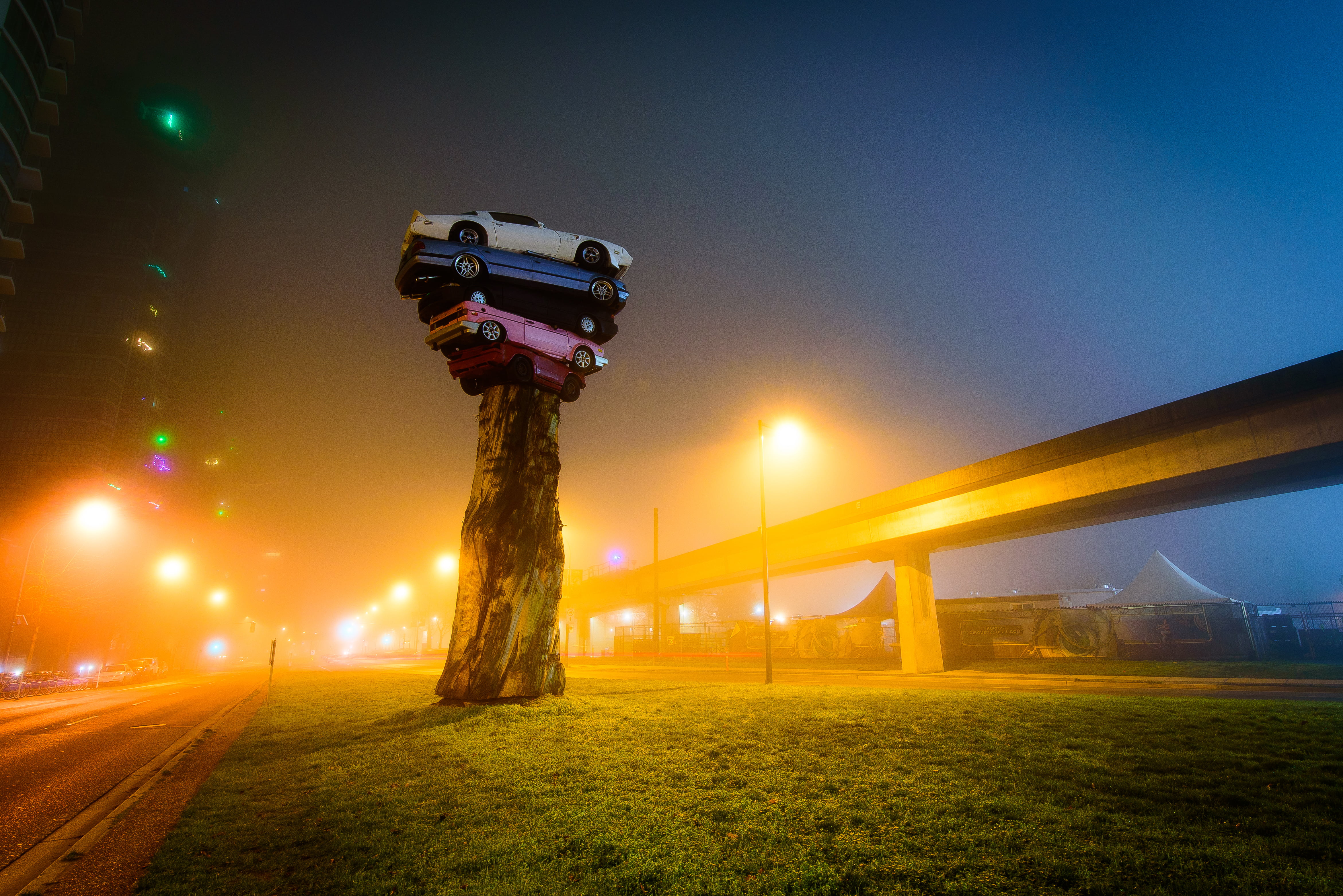 connection, nature, night, street light, night city, coupe, city, fog, illuminated, transportation, architecture, lighting equipment, outdoors, trans am totem, HD Wallpaper