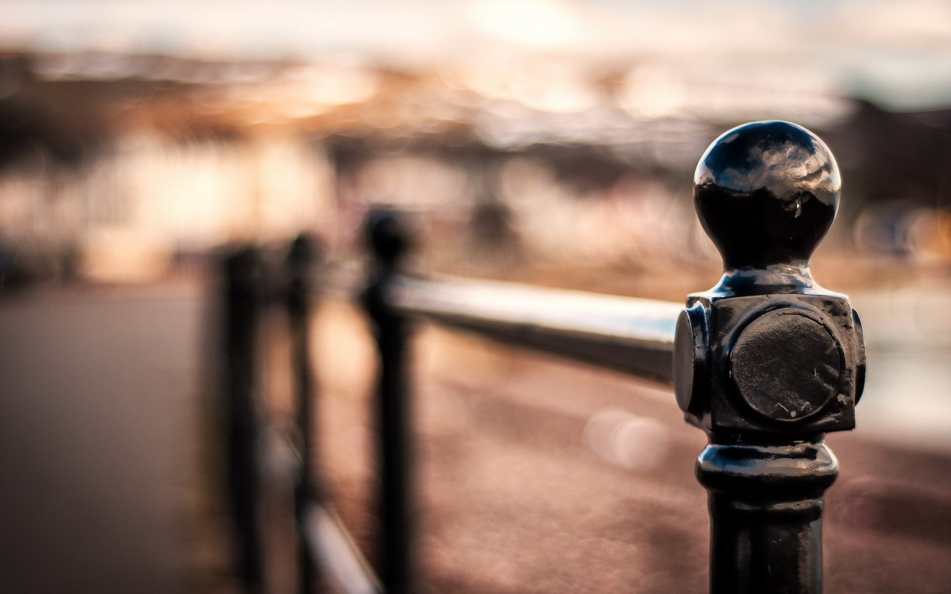 focus on foreground, railing, nature, fence, safety, boundary, bokeh, security, black color, depth of field, lighting equipment, coin operated, metal, selective focus, HD Wallpaper