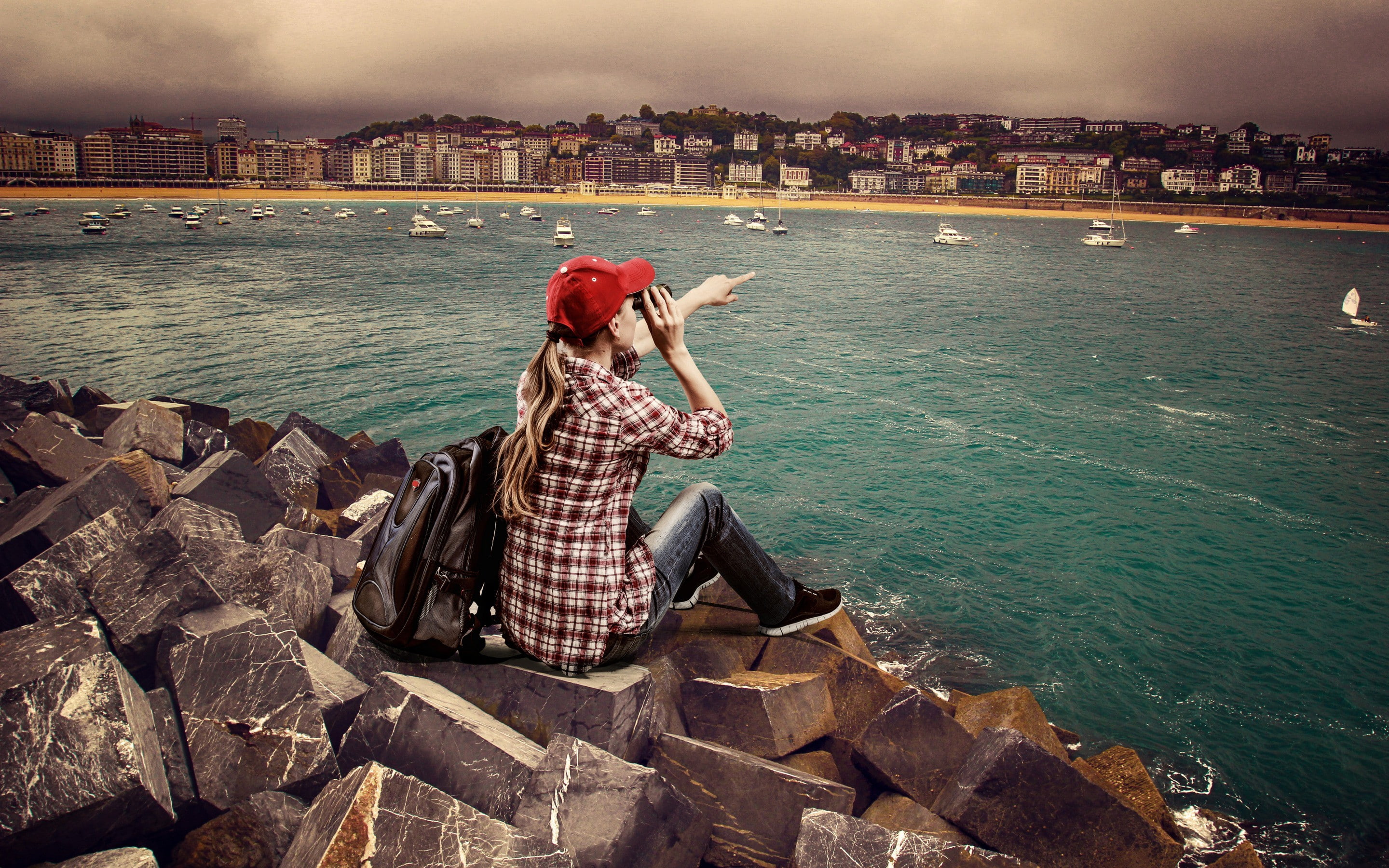 city, girl, power, backpack, binoculars, river, 2K, HD Wallpaper