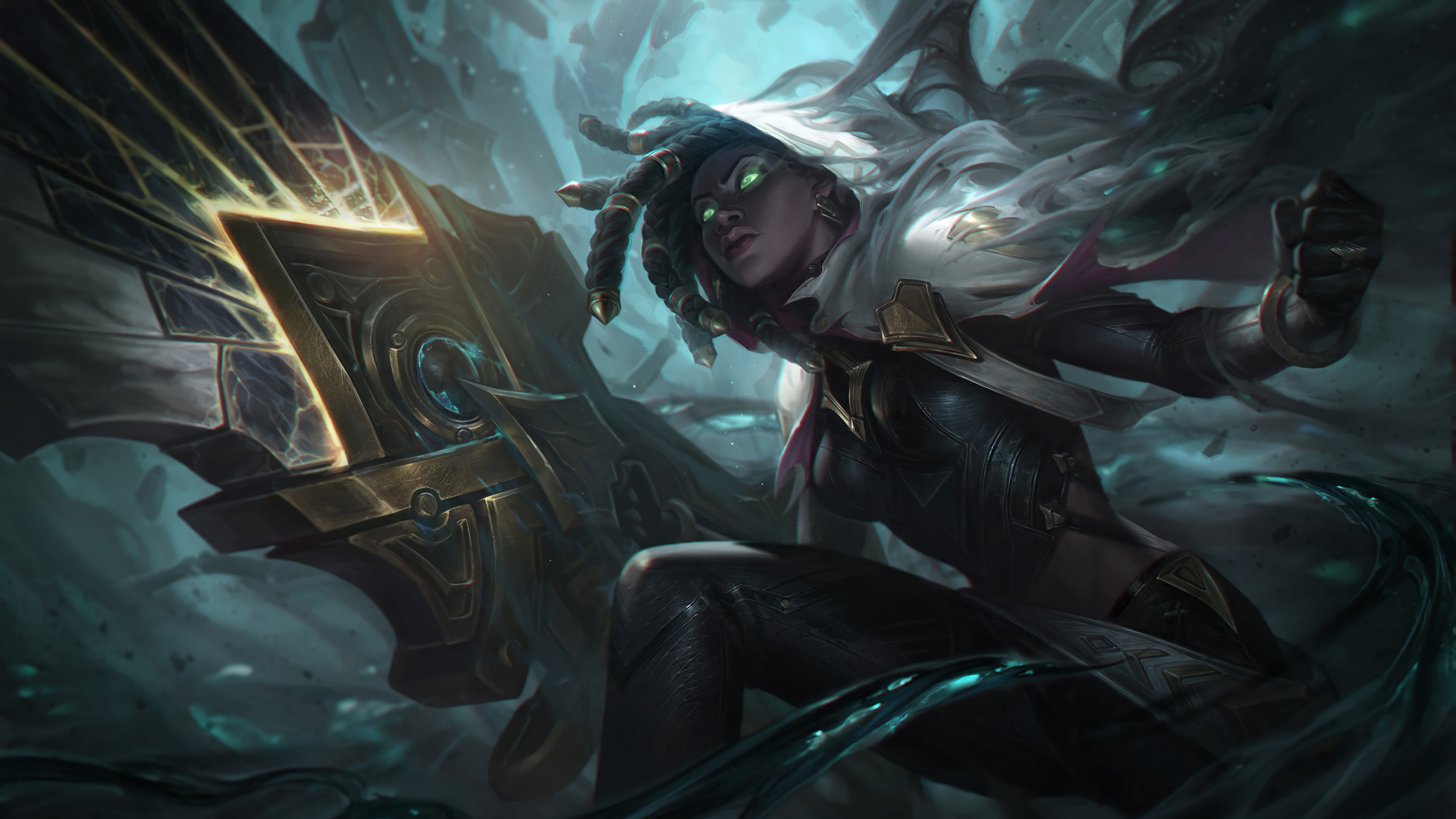 girl, artwork, Senna, fantasy, digital art, hood, 4K, fantasy art, dark, League of Legends, warrior, green eyes, game, fantasy girl, sword, HD Wallpaper