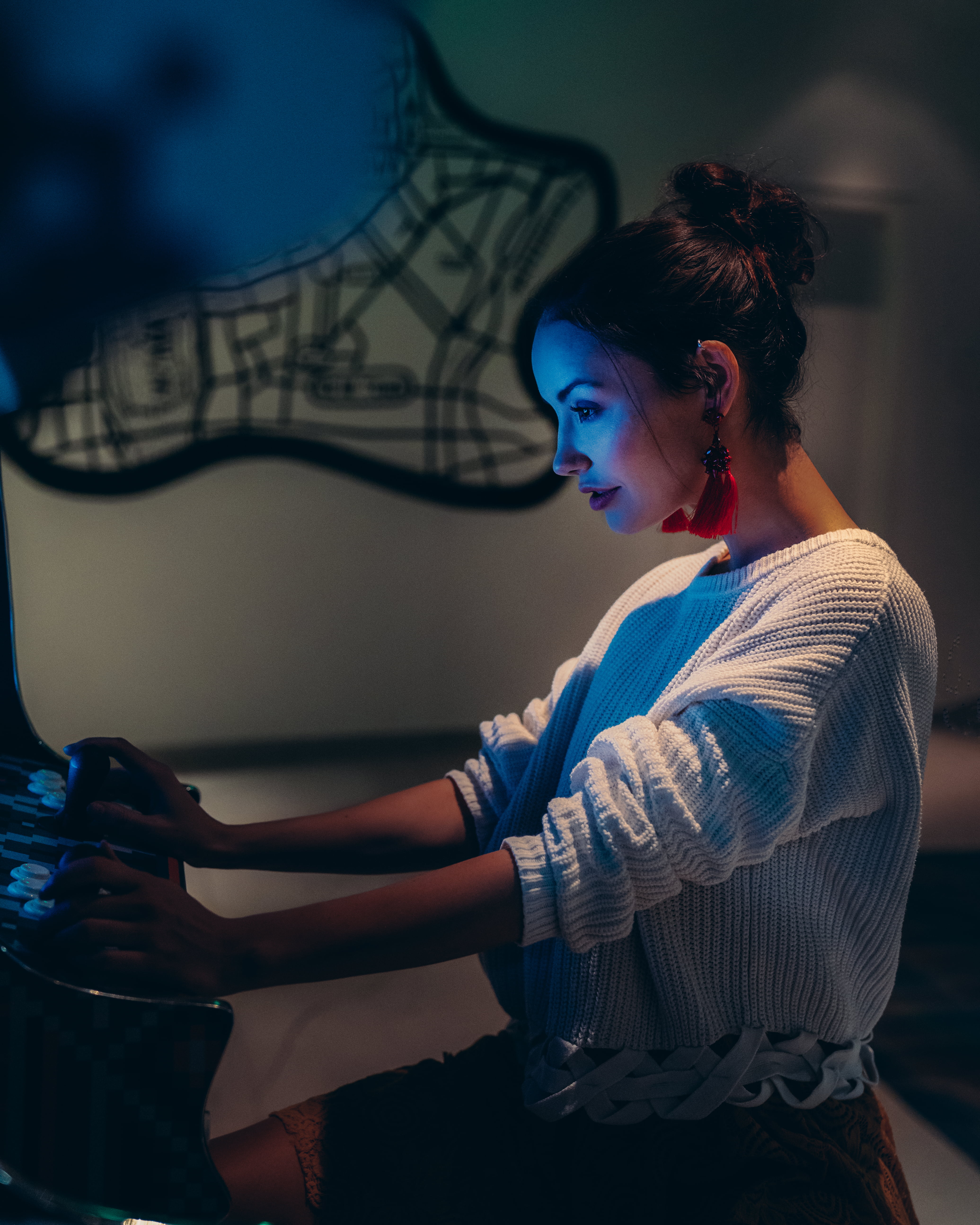 white sweater, arcade cabinet, Marc Beringer, women, 5K, Elilith Noir, Phone HD Wallpaper
