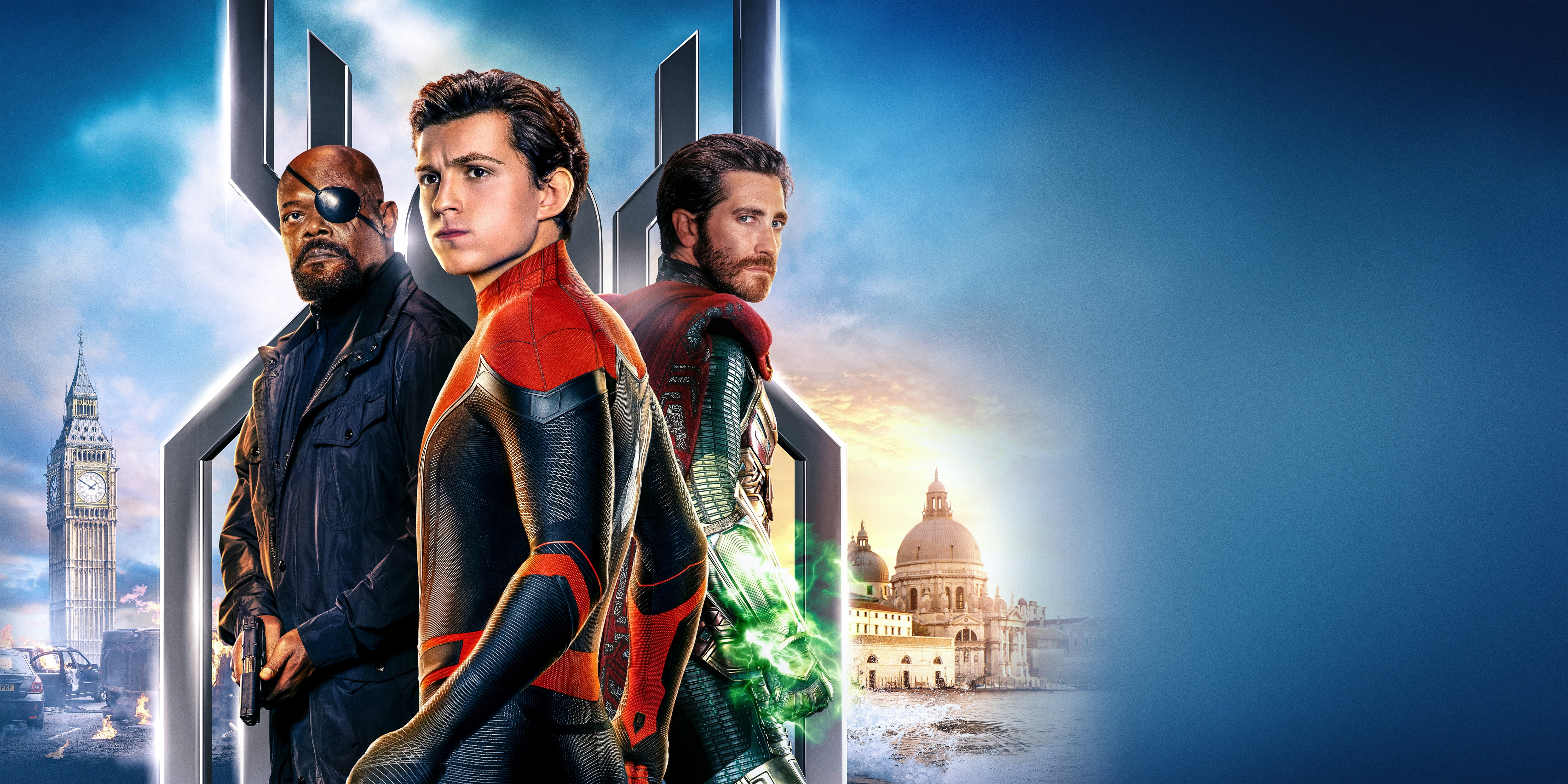 Spider-Man: Far From Home, Nick Fury, Samuel L. Jackson, Tom Holland, Marvel Comics, Peter Parker, Jake Gyllenhaal, Mysterio (Marvel Comics), 5K, Spider-Man, HD Wallpaper