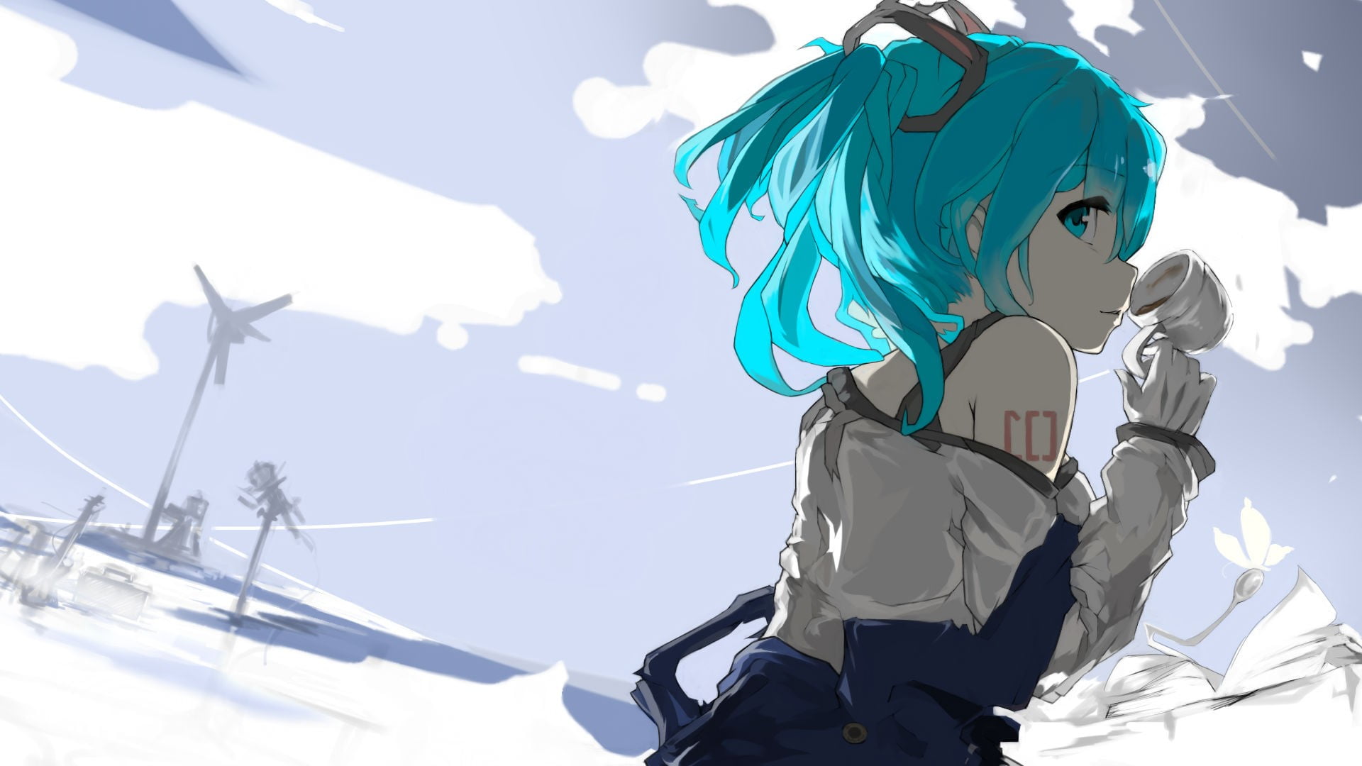 solo, real people, character, bangs, Vocaloid, nature, snow, looking at viewer, blue hair, standing, female, cold temperature, tattoo, cup, anime, warm clothing, HD Wallpaper