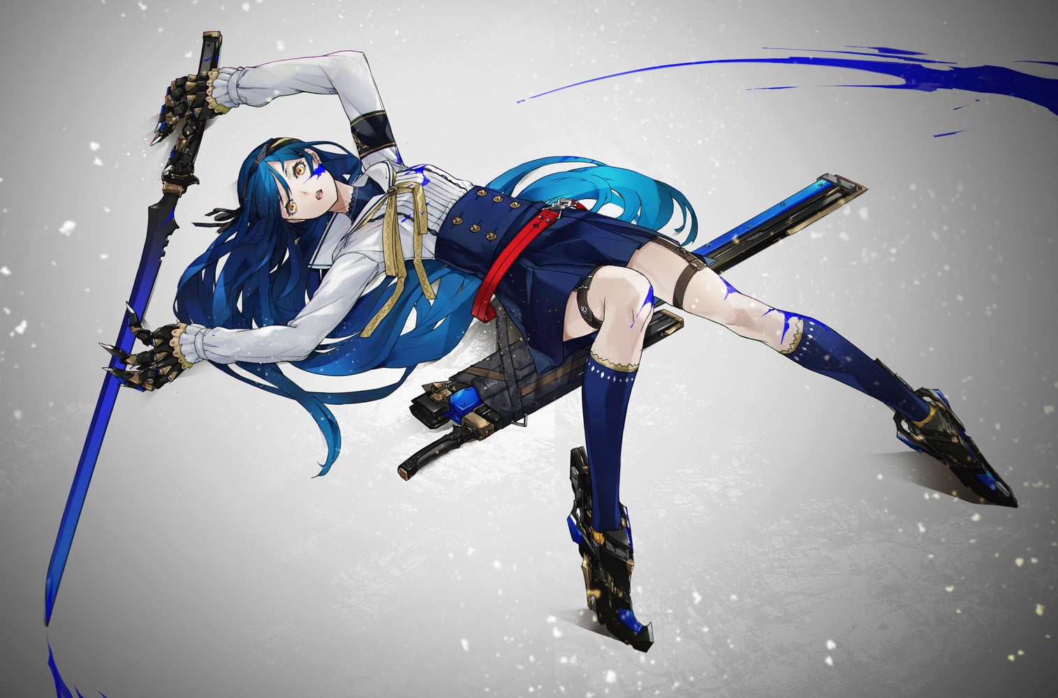 motion, skill, sword, 720P, clothing, mountain, cold temperature, extreme sports, lifestyles, anime girls, blue hair, ski-wear, leisure activity, original characters, HD Wallpaper