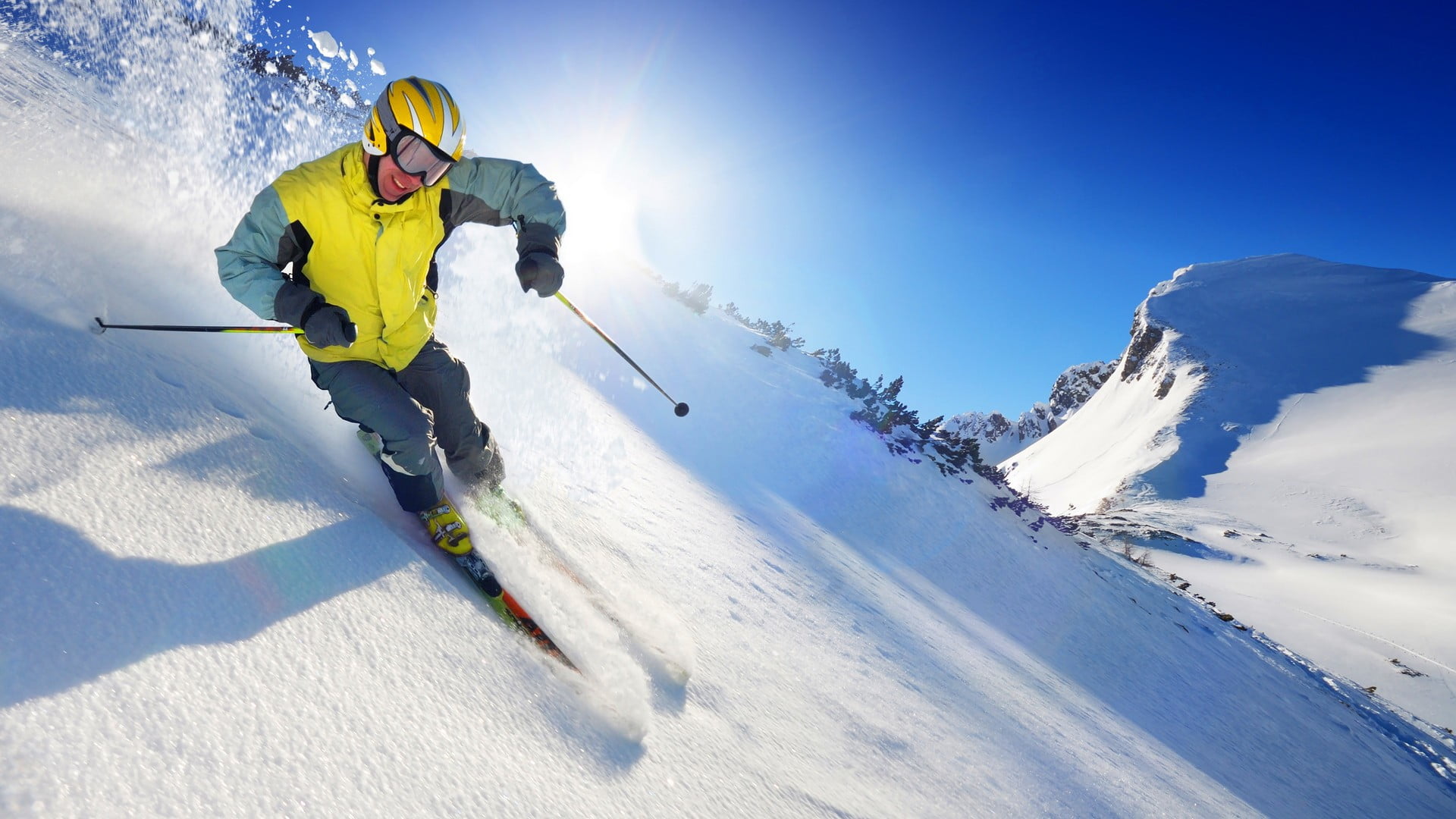 sky, warm clothing, nature, winter sport, yellow, sun, sports equipment, ski-wear, leisure activity, mountain, holiday, powder snow, helmet, 1080P, cold temperature, HD Wallpaper