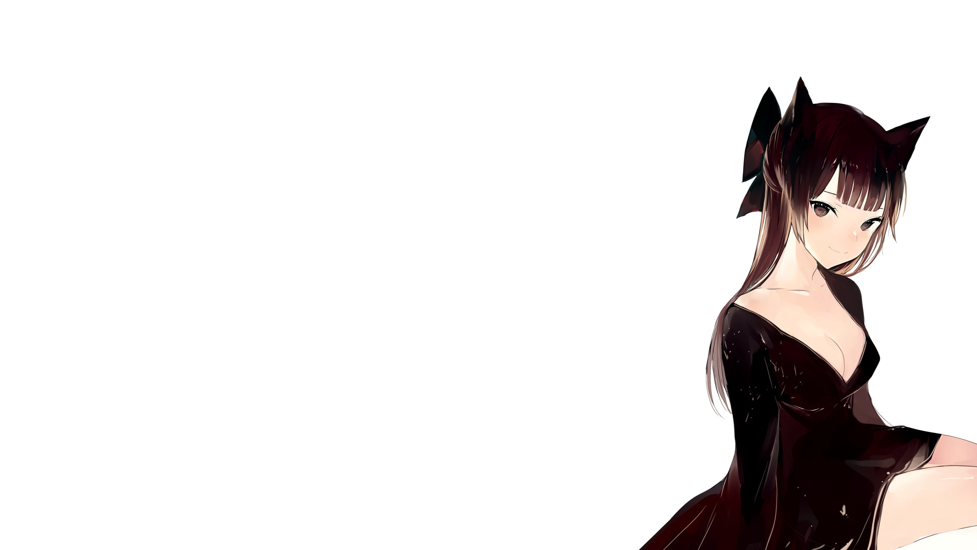 white, original characters, lpip, cat, anime girls, nekomimi, black dress, simple background, bow, 1080P, cat girl, HD Wallpaper
