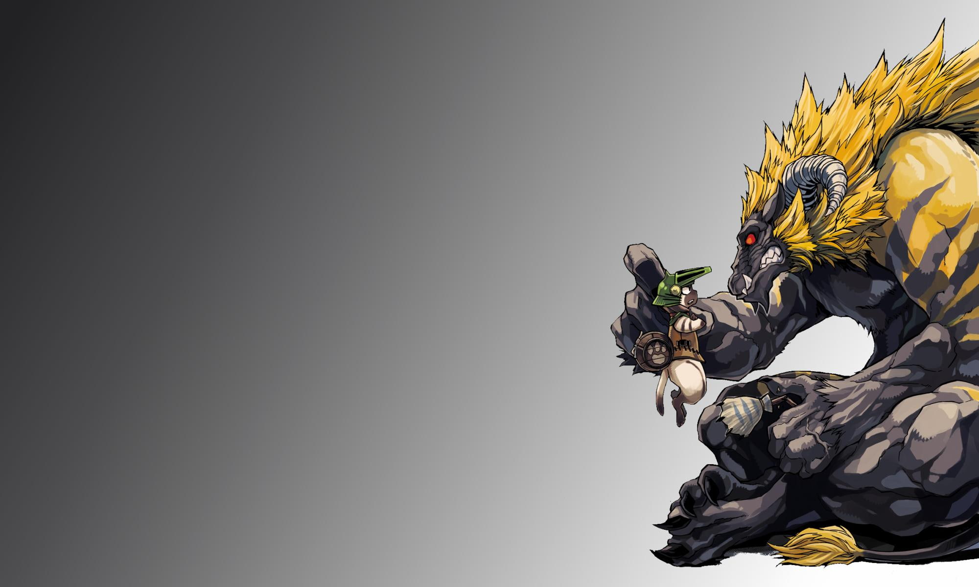 anime, die, black, gold, yellow, 1080P, cat, monster, giant monkey, 3d and abstract, little, character, HD Wallpaper