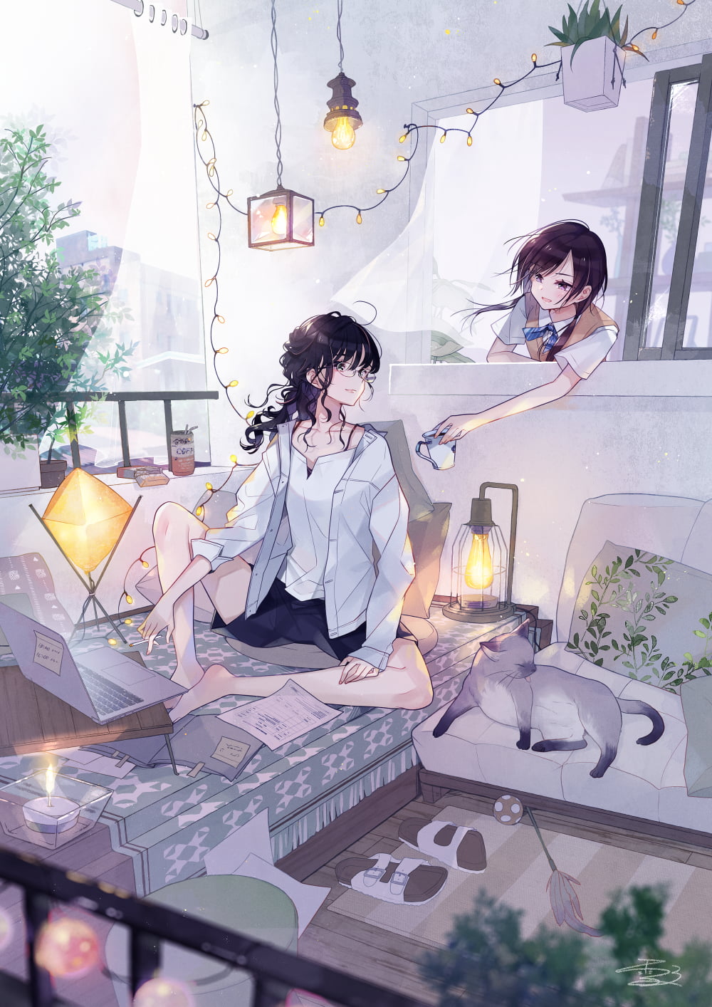 720P, laptop, original characters, cats, glasses, anime, anime girls, black hair, Phone HD Wallpaper
