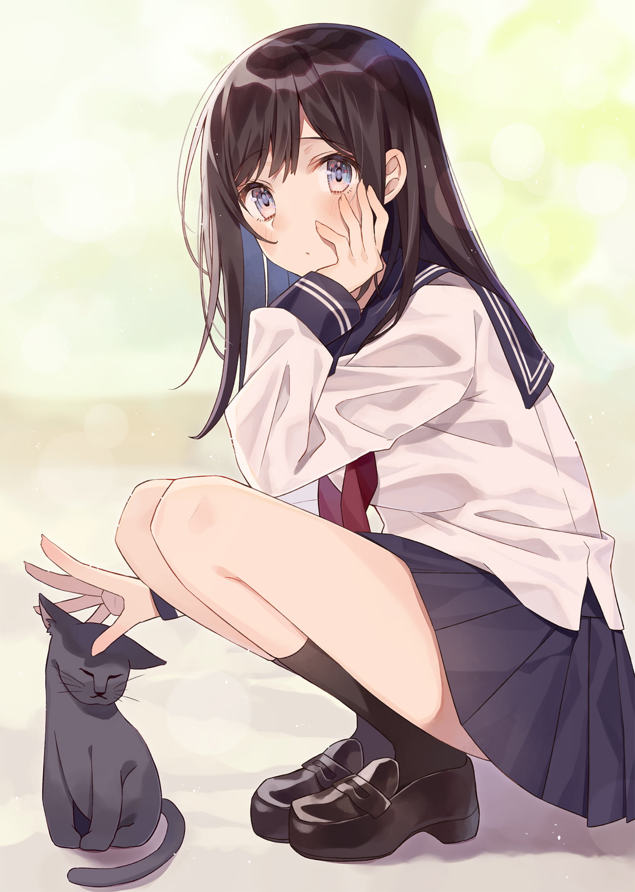 720P, black hair, cats, black socks, simple background, blue eyes, sailor uniform, anime, original characters, school uniform, anime girls, Phone HD Wallpaper
