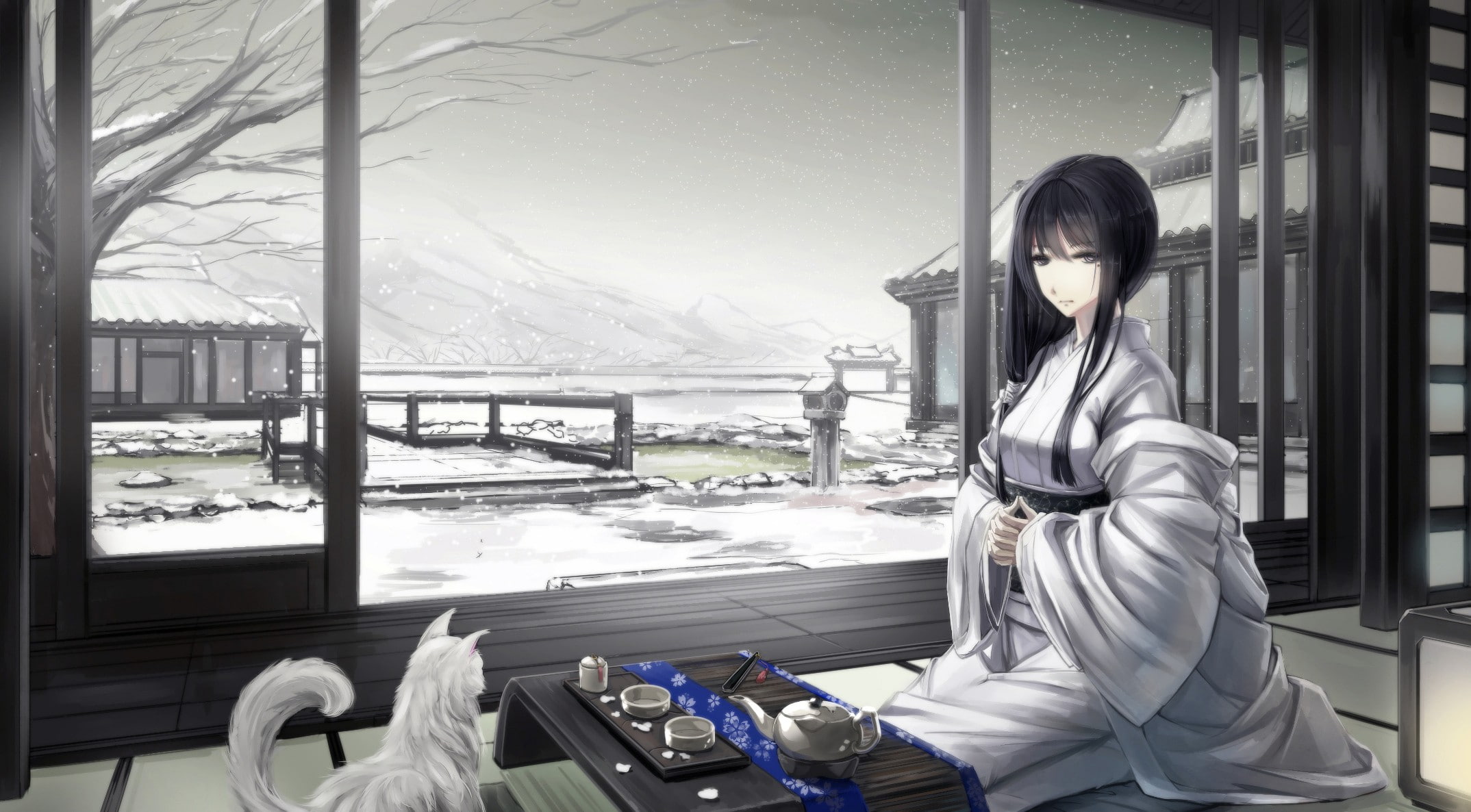 Japanese clothes, traditional clothing, snow, Japanese, kimono, winter, black hair, 1080P, Asian architecture, cat, anime girls, original characters, HD Wallpaper