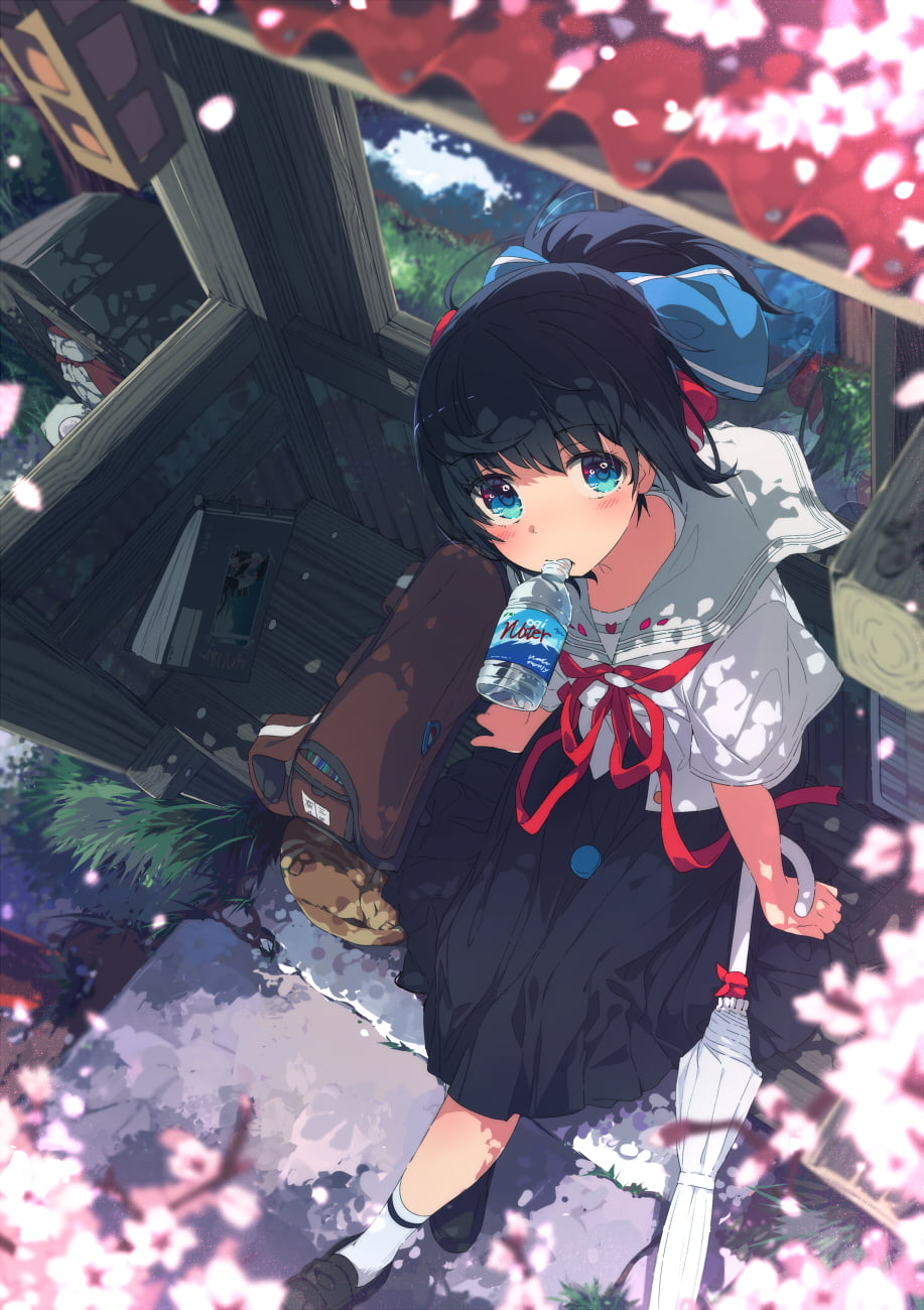 anime, black hair, original characters, school uniform, blue eyes, 720P, umbrella, vertical, cats, anime girls, high angle, portrait display, Phone HD Wallpaper
