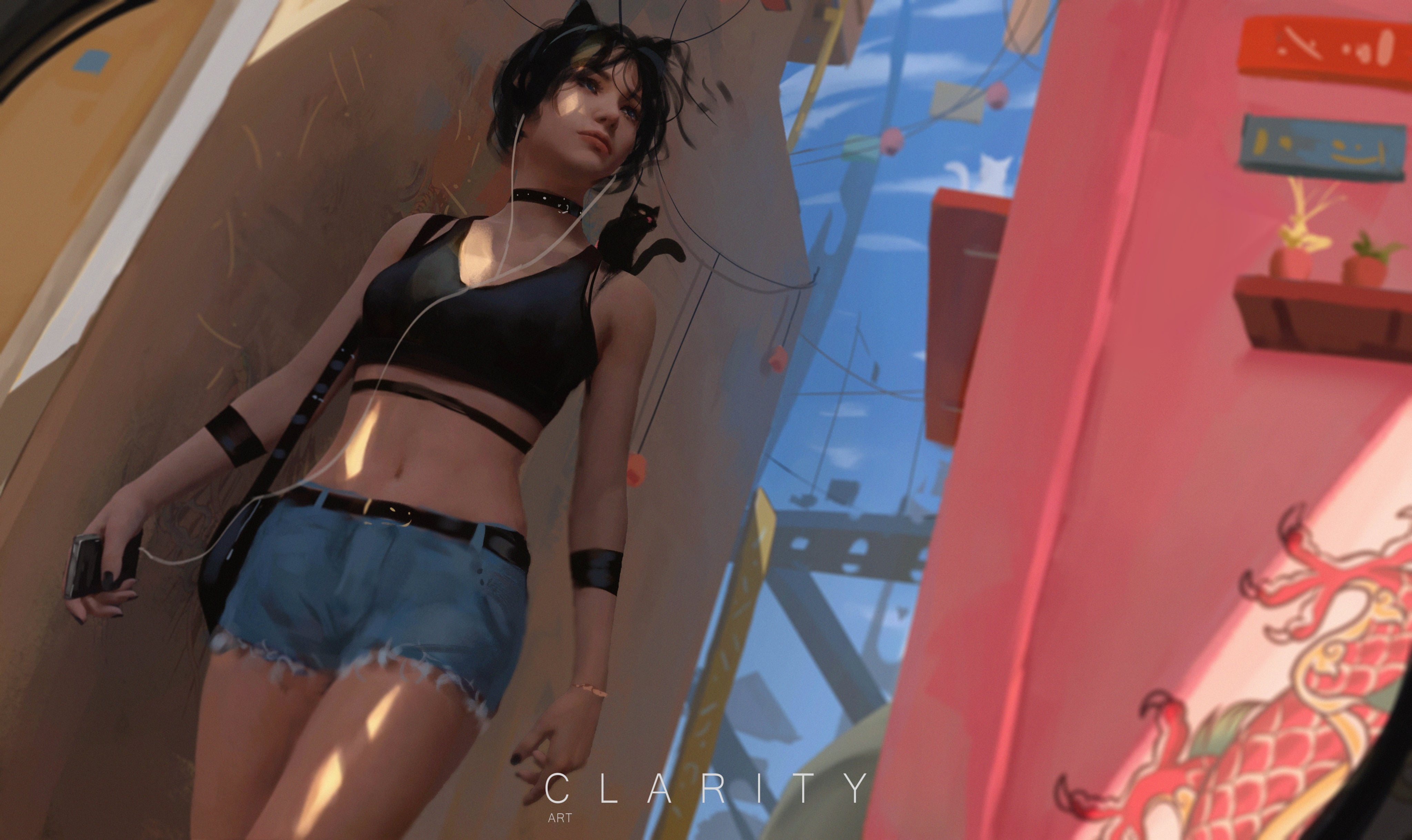 4K, women, CLA RITY, artwork, digital art, black cats, original characters, jeans shirt, HD Wallpaper
