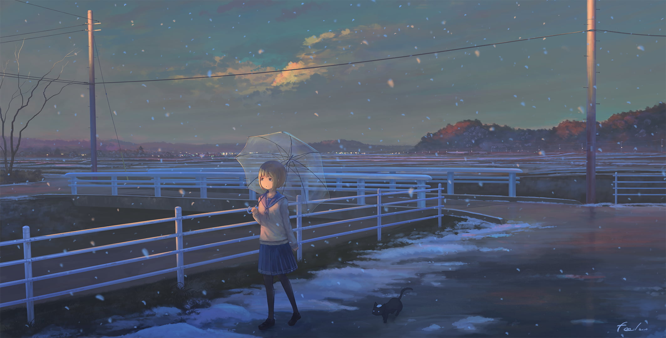 black cats, umbrella, 1080P, Nasitaki, winter, original characters, anime girls, HD Wallpaper