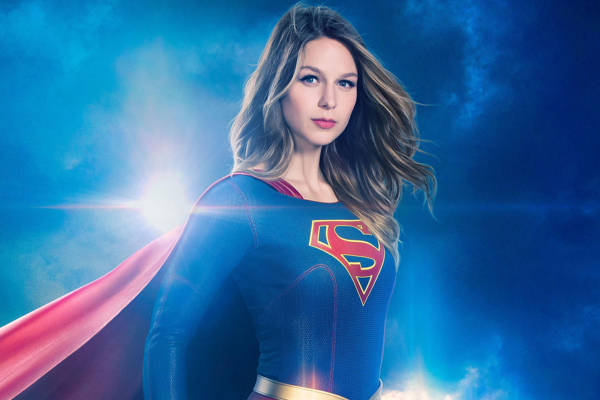 uniform, woman, dress, blonde, cape, super hero, Zor-El, season 2, singer, earrings, Melissa Benoist, super powers, green eyes, powerful, Kara Zor-El, Supergirl, HD Wallpaper