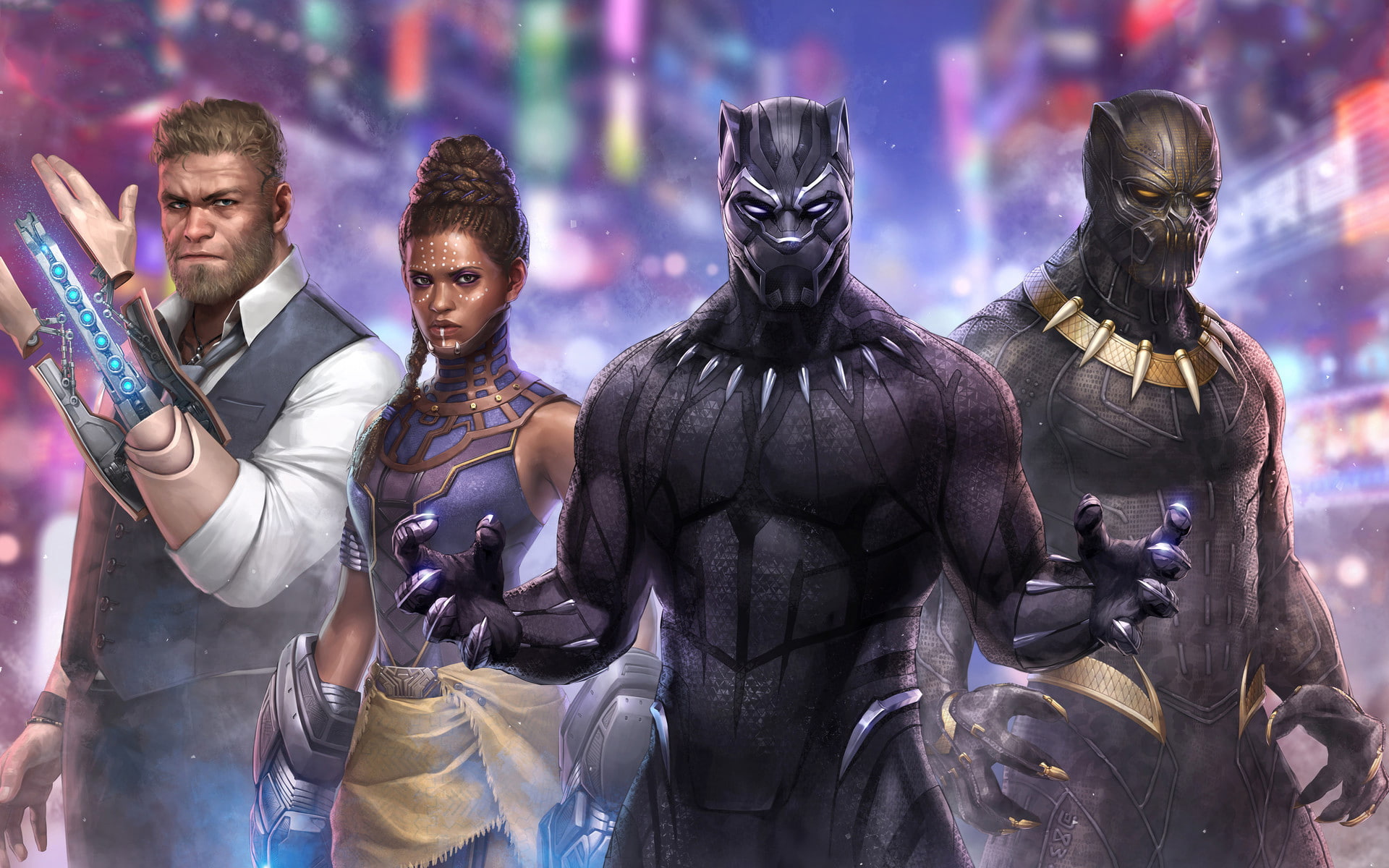 Panther, architecture, representation, purple, Black, sculpture, religion, night, spirituality, belief, Marvel, male likeness, indoors, Artwork, 1080P, HD Wallpaper