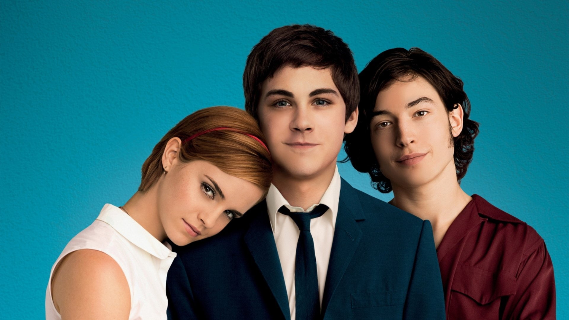 teenager, Logan Lerman, young women, headshot, Emma Watson, colored background, blue, business, beautiful woman, females, 1080P, Movie, Ezra Miller, blue background, HD Wallpaper