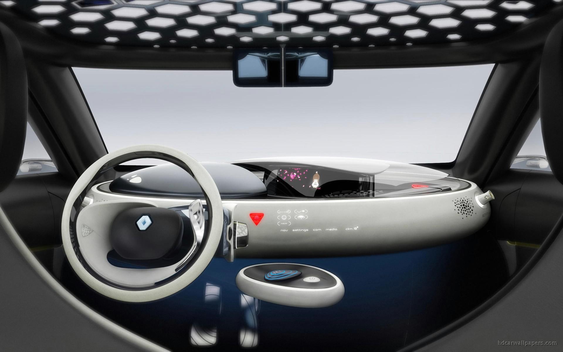 steering, concept, ze, renault, 1080P, cars, interior, zoe, grey, wheel, black, HD Wallpaper