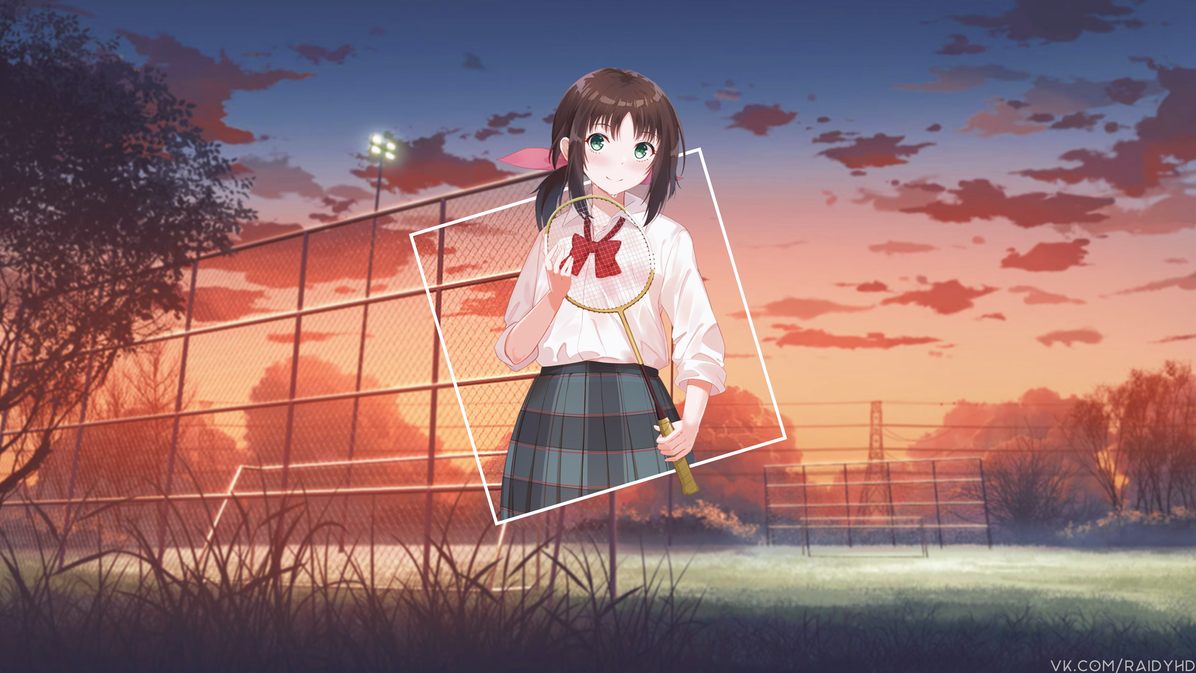 Hanesaki Ayano, sunset, outdoors, adult, clothing, looking at camera, sky, architecture, green eyes, young adult, nature, women, 4K, holding, anime girls, HD Wallpaper