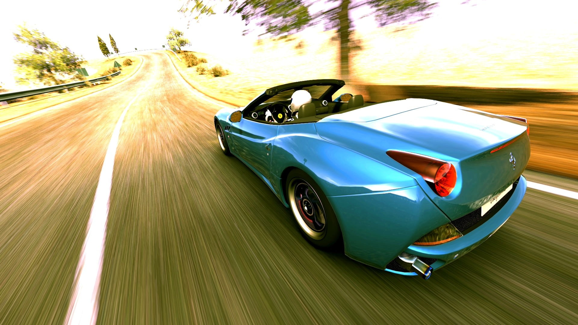 driving, 1080P, speed, nature, motor vehicle, blue, sports race, auto racing, on the move, sunlight, transportation, video games, Ferrari, coupe, Ferrari California, HD Wallpaper