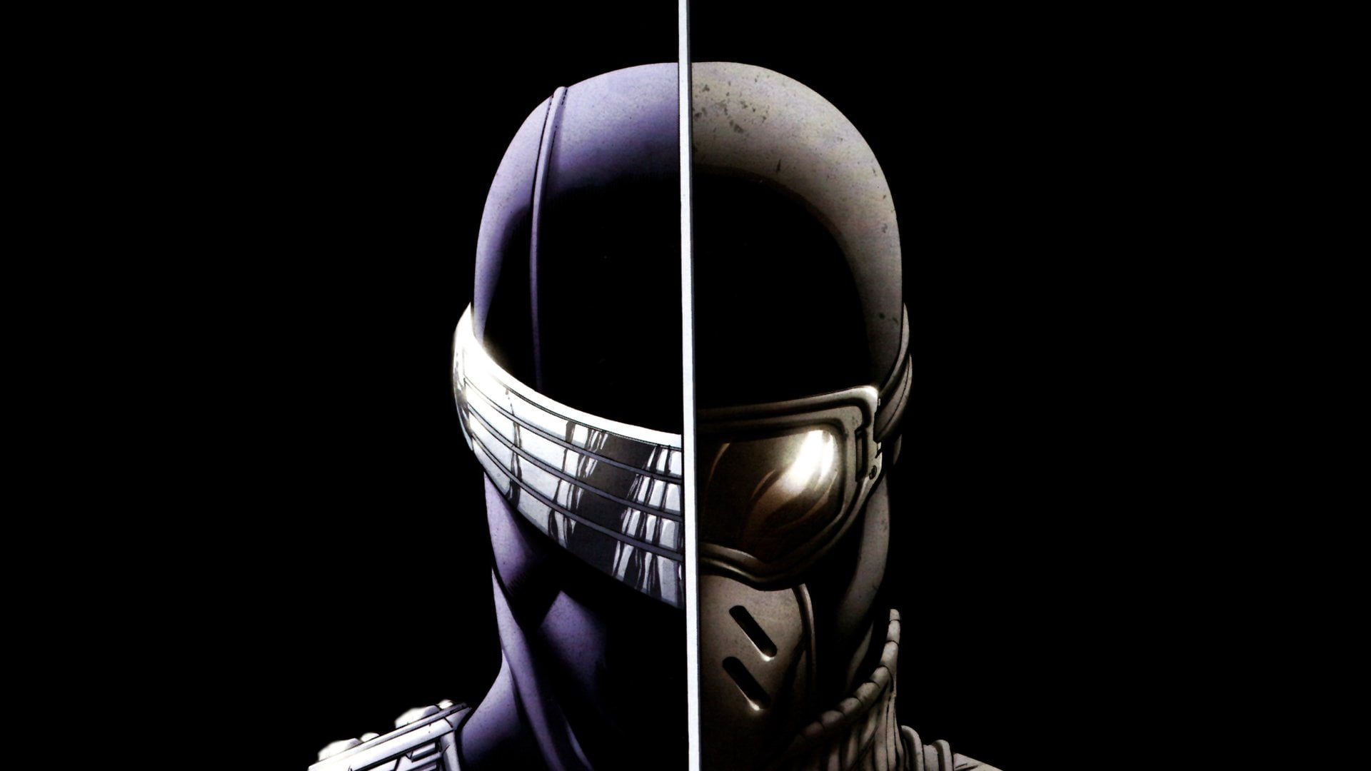 Snake Eyes (G.I. Joe), helmet, Cobra: Civil War, close-up, headwear, obscured face, portrait, suit of armor, one person, sports equipment, indoors, safety, HD Wallpaper