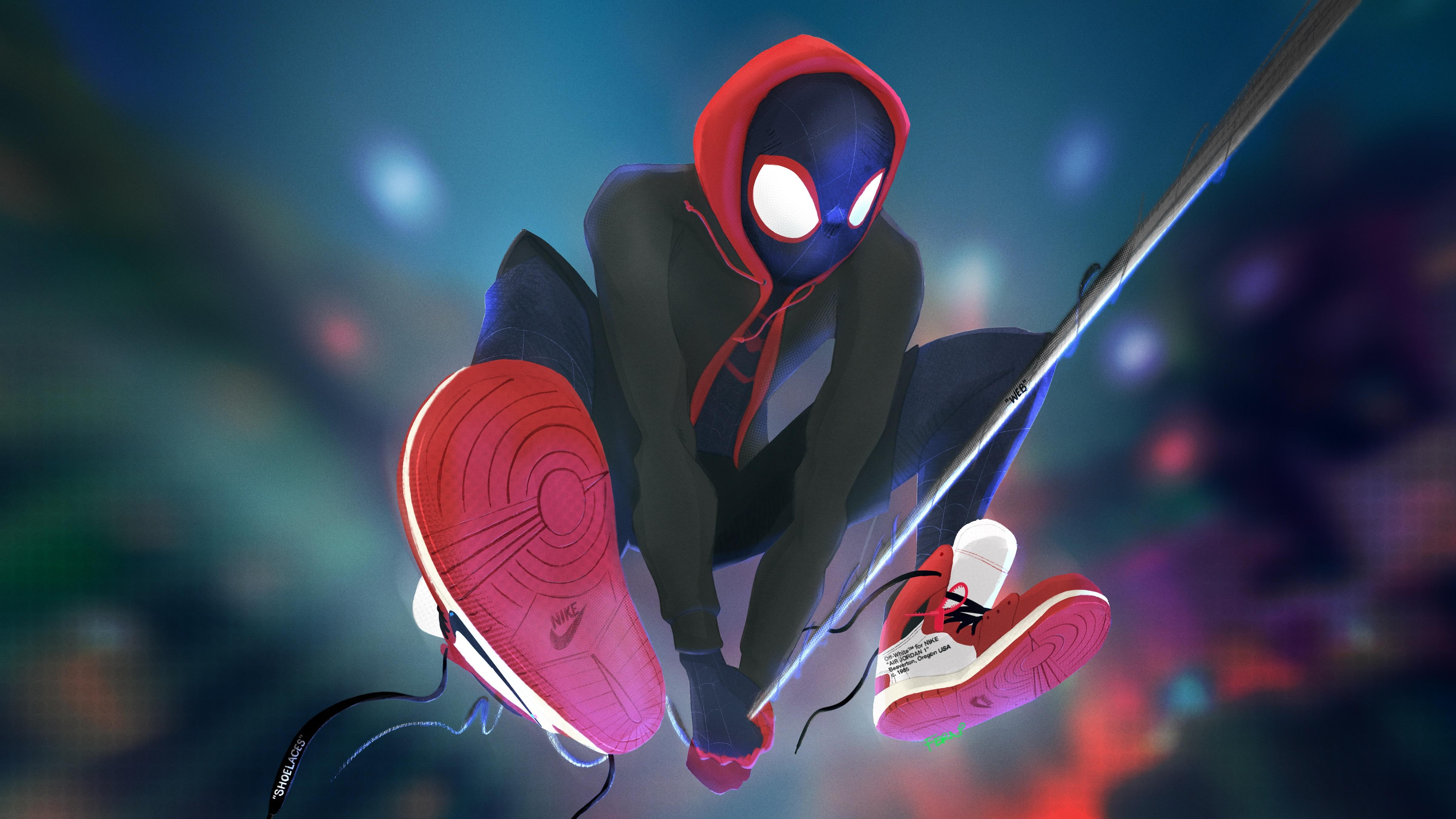 4K, wearing, shoes, 4K, red, Marvel Comics, white, Spider-Man: Into the Spider-Verse, spiderman, 2018, Animated, HD Wallpaper