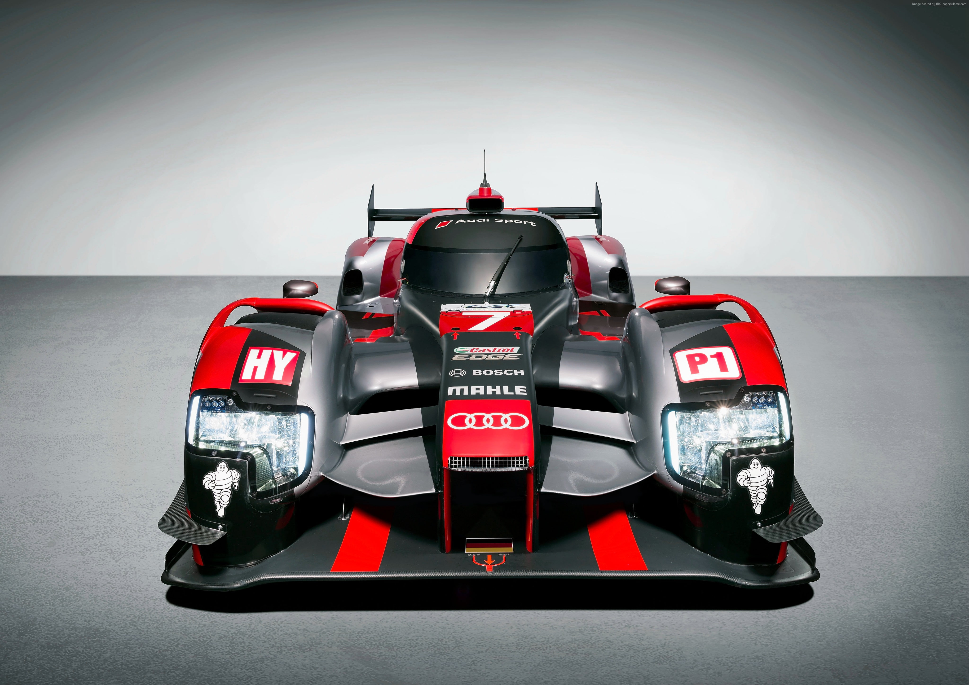 Audi R18 e-tron quattro LMP1, front view, racecar, speed, gray, studio shot, hydrid, sport, red, 4K, no people, indoors, mode of transportation, race car, HD Wallpaper