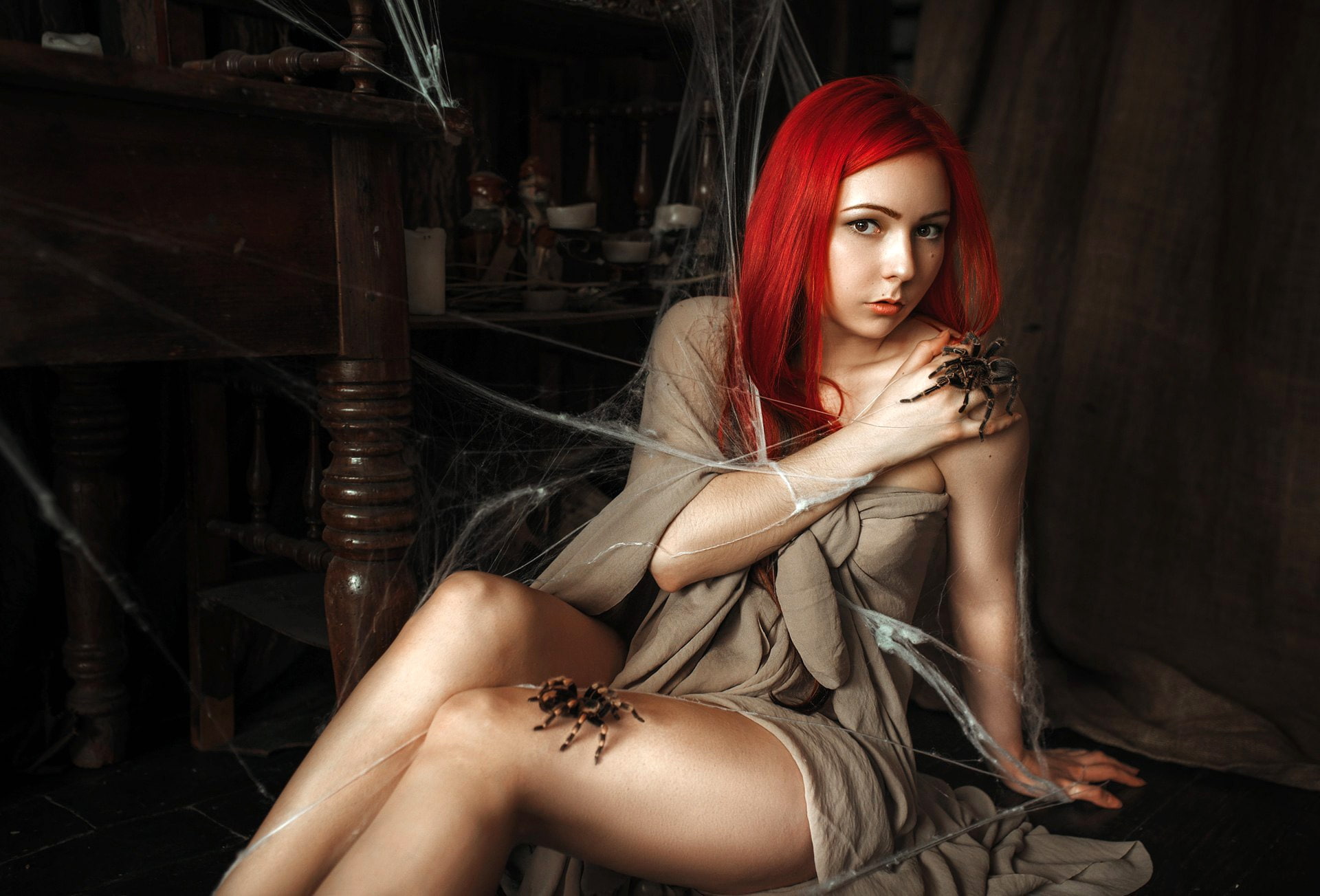 girl, makeup, model, web, Albert Forest, portrait, look, spiders, 1080P, pose, sitting, red hair, figure, Albert Lesnoy, hairstyle, HD Wallpaper