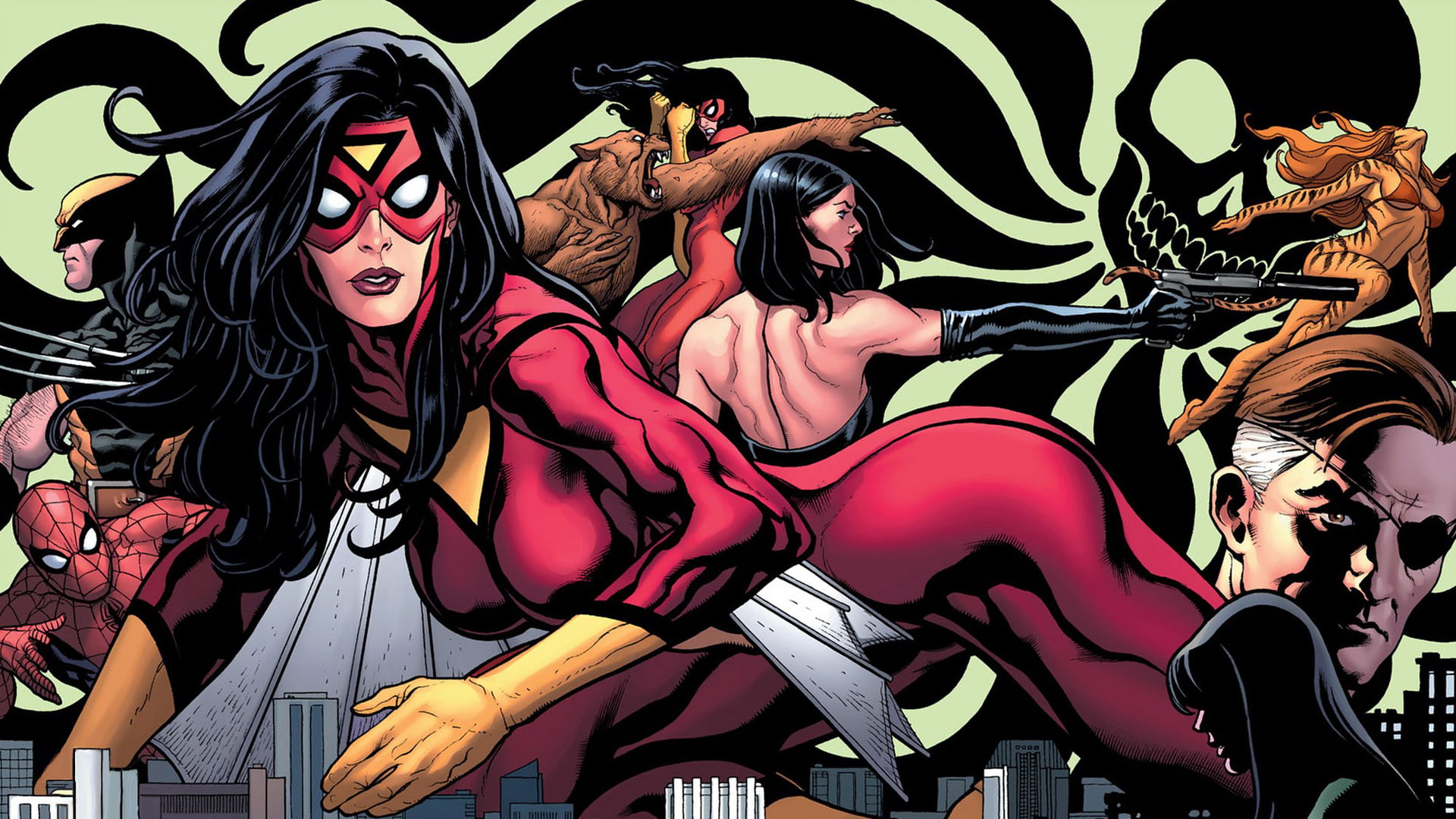 hairstyle, Marvel Comics, representation, female likeness, young adult, indoors, creativity, clothing, Jessica Drew, Spider-Man, multi colored, Nick Fury, HD Wallpaper