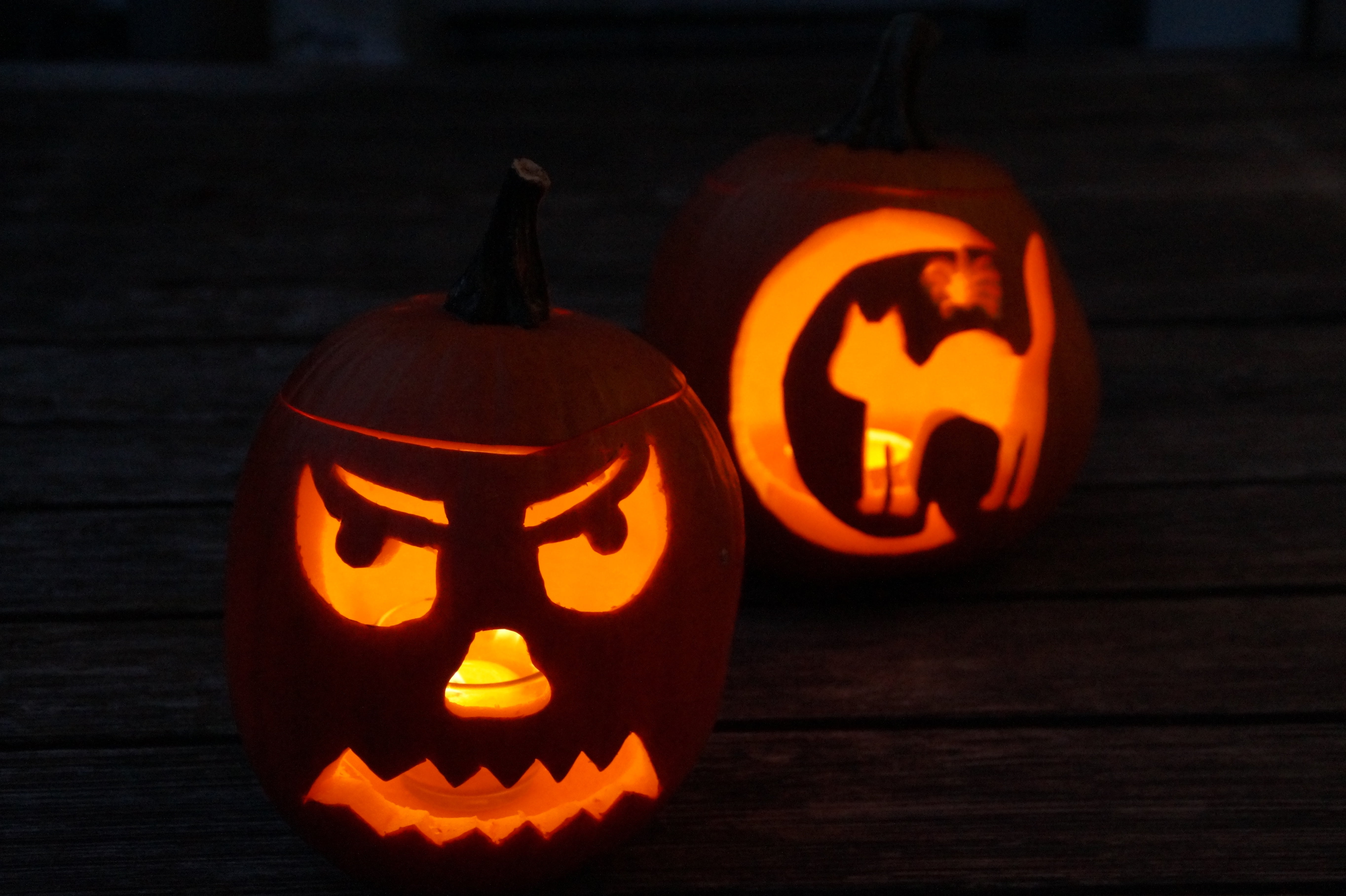 orange, pumpkin face, halloween, trick or treat, dark, halloweenkuerbis, empty, face, two, hollow out, celebration, october, 5K, illuminated, light, orange color, HD Wallpaper