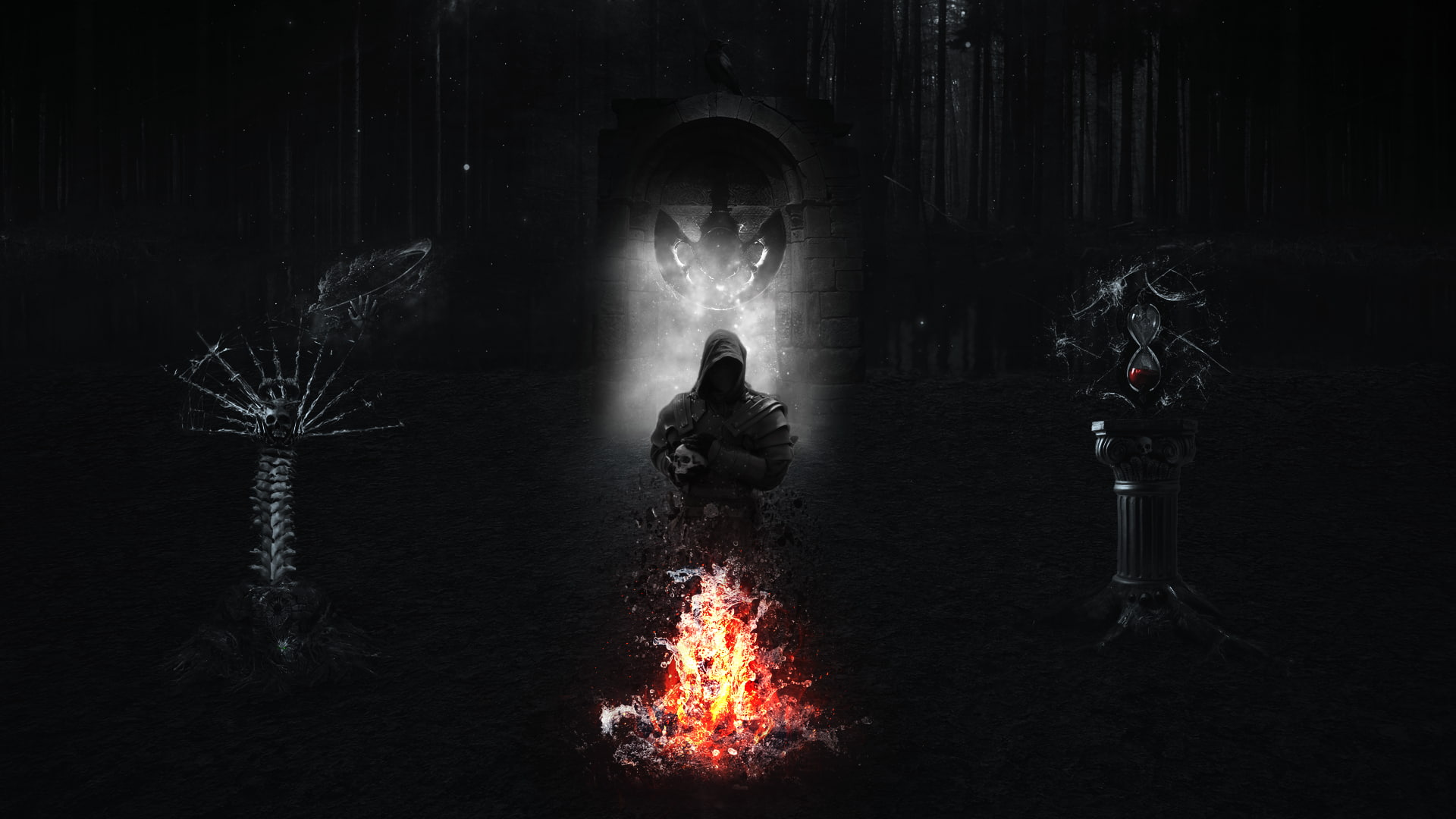 spider, mist, skeleton, forest, Diablo, Ghosts, Pendulum, skull, Trees, souls, birds, Gloomy, fire, black, boat, Hourglasses, roots, grim reaper, rock, HD Wallpaper