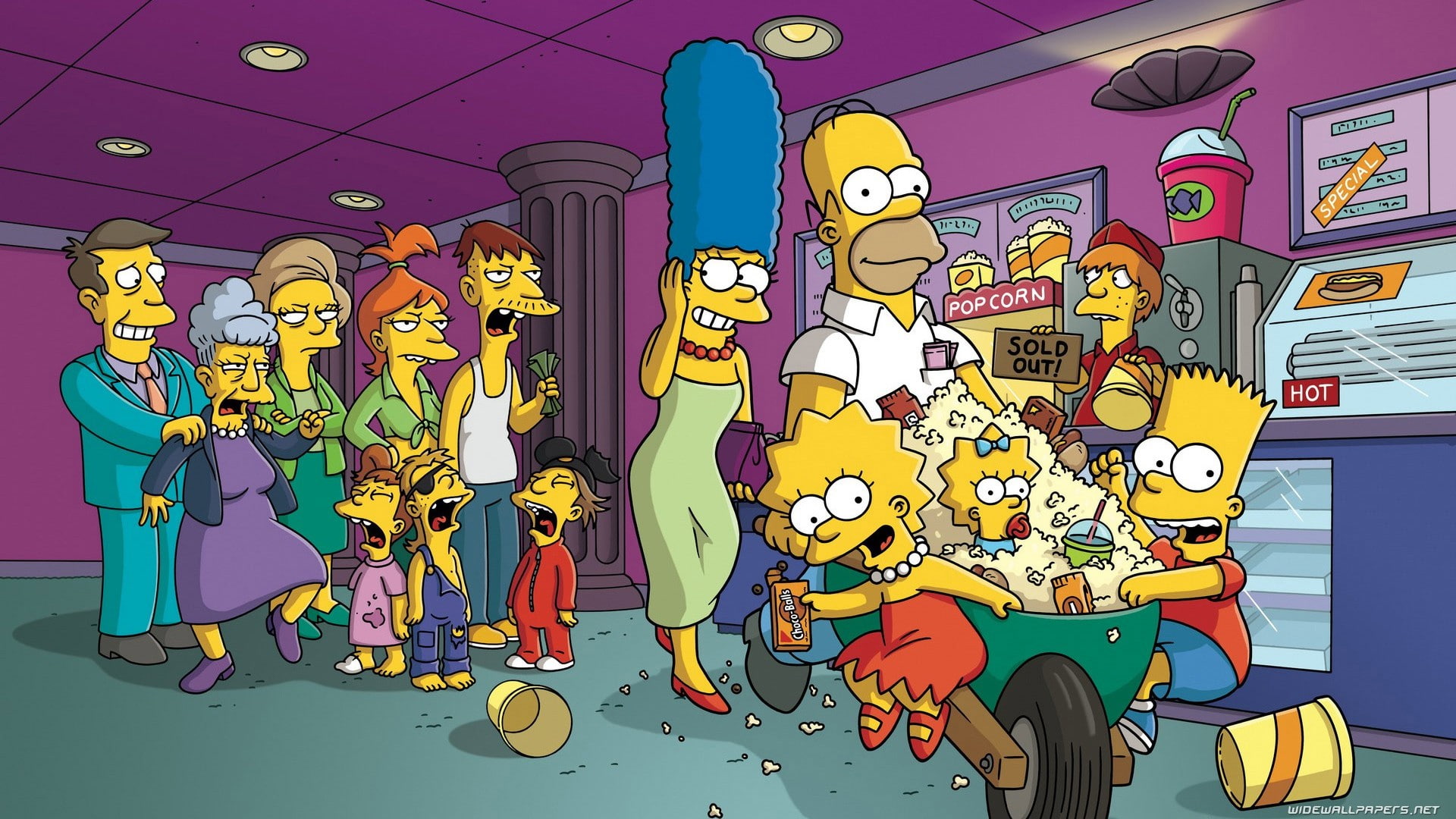 bart, popcorn, maggie, movie, theater, simpsons, 1080P, homer, skinner, seymour, simpson, krabappel, edna, lisa, marge, HD Wallpaper