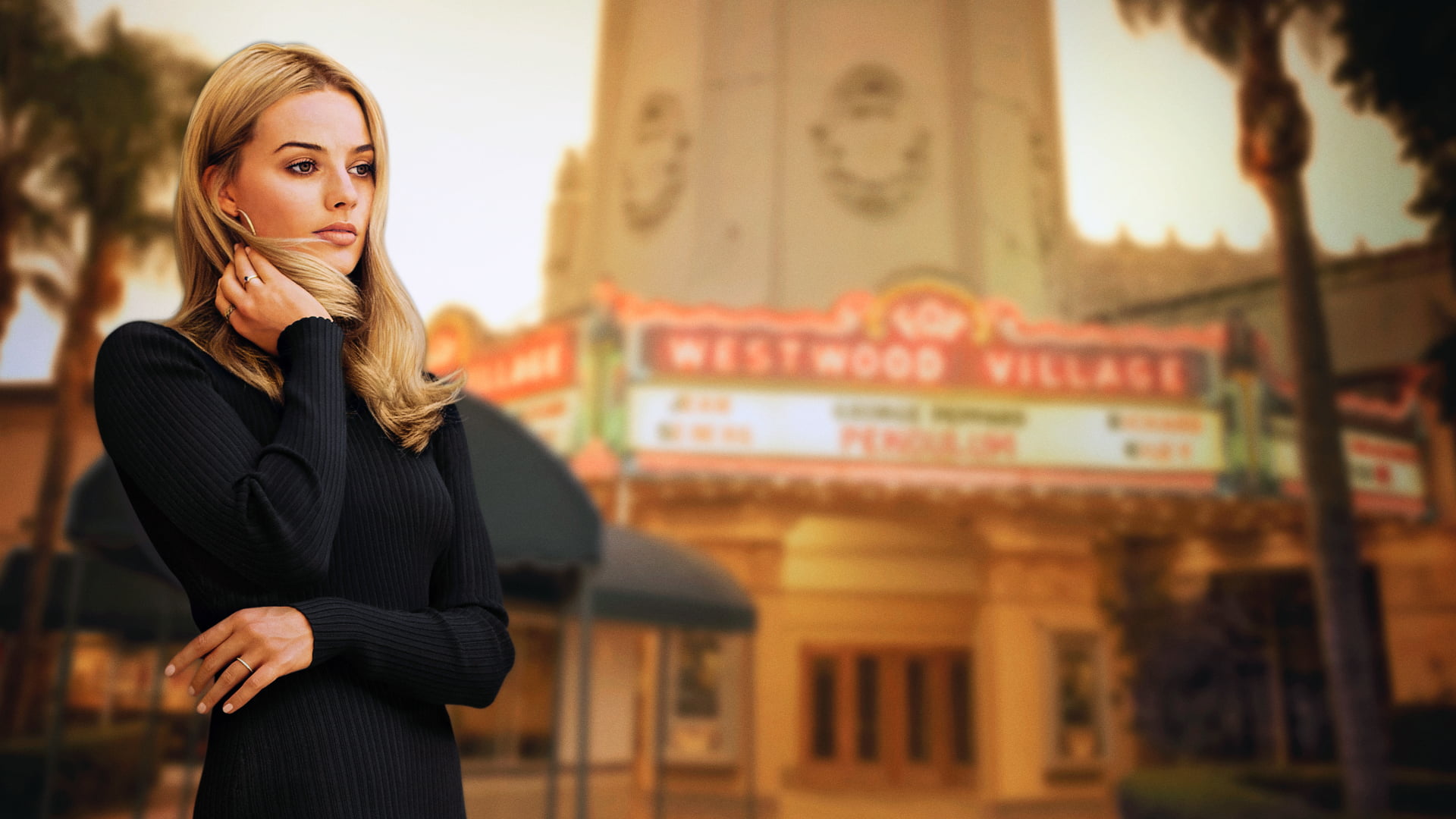 hoop earrings, movies, blonde, Margot Robbie, actress, women outdoors, black dress, women, Once Upon a Time in Hollywood, street, long hair, 1080P, HD Wallpaper