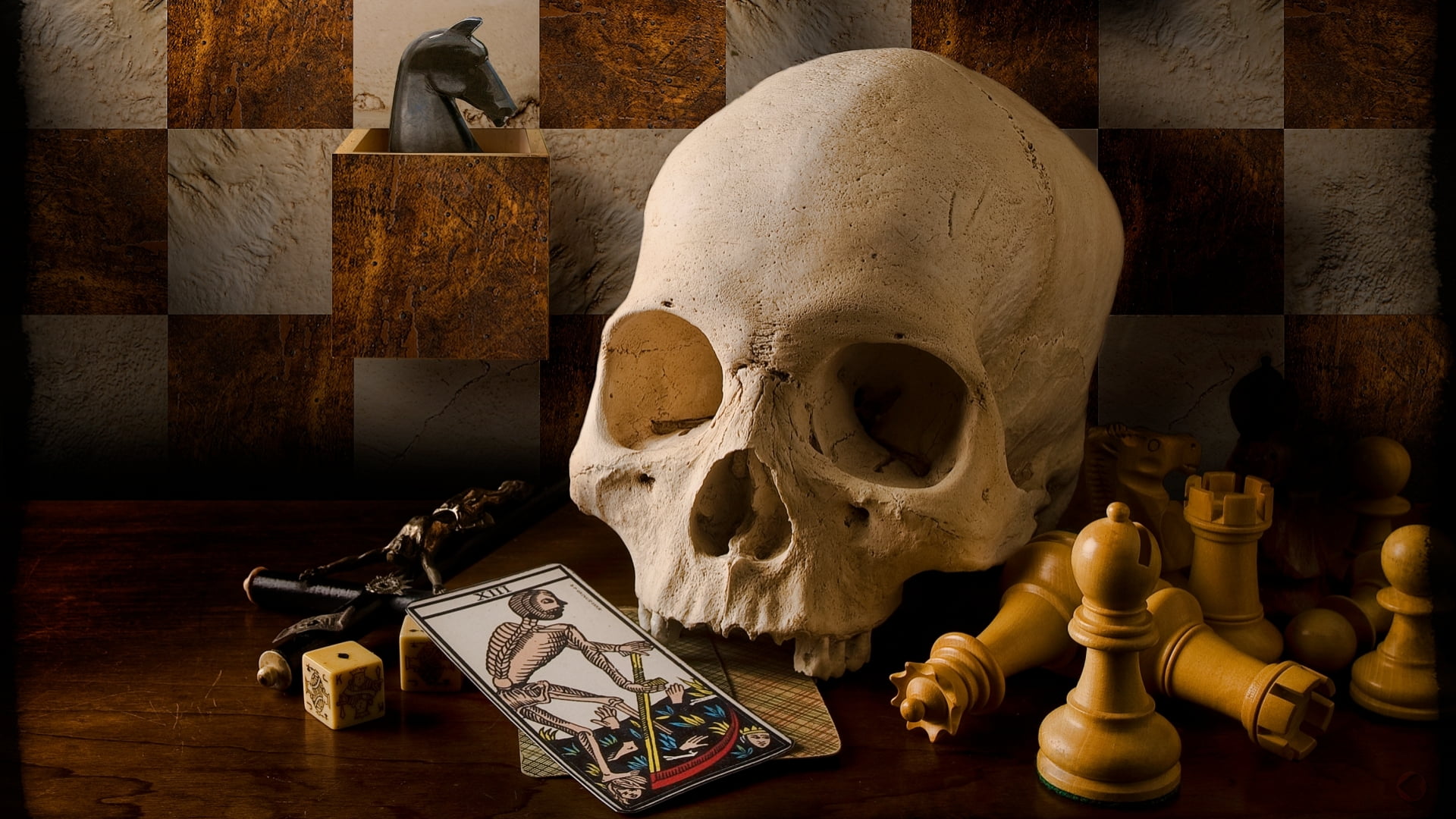 skull, horror, bone, indoors, people, 1080P, fear, close-up, human skeleton, vintage, skeleton, human body part, table, Tarot, card, retro, human bone, HD Wallpaper