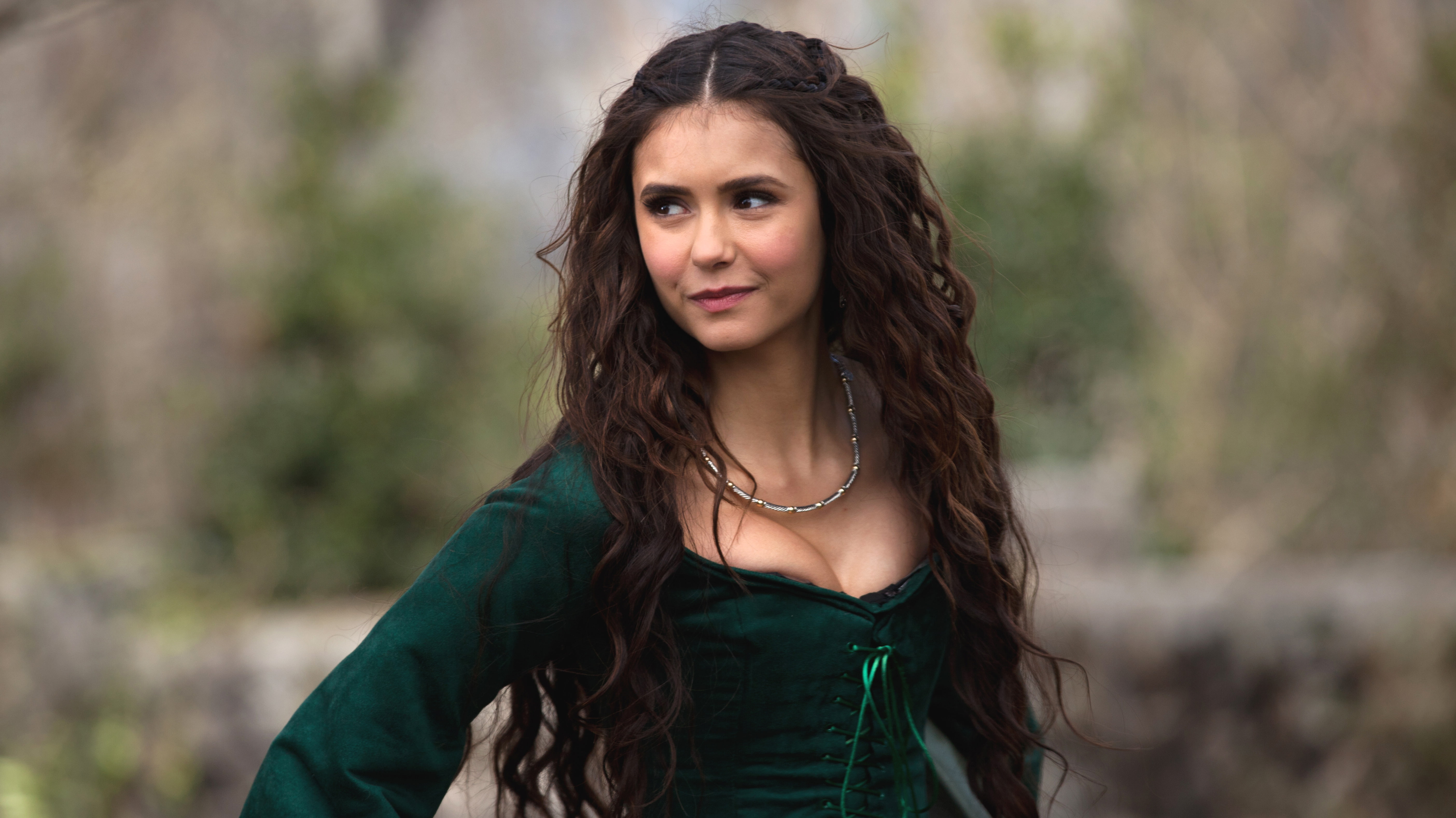 wearing, long, The Vampire Diaries, dress, 5K, neck, sleeved, Katherine Pierce, Nina Dobrev, HD, woman, green, scoop, 5K, HD Wallpaper