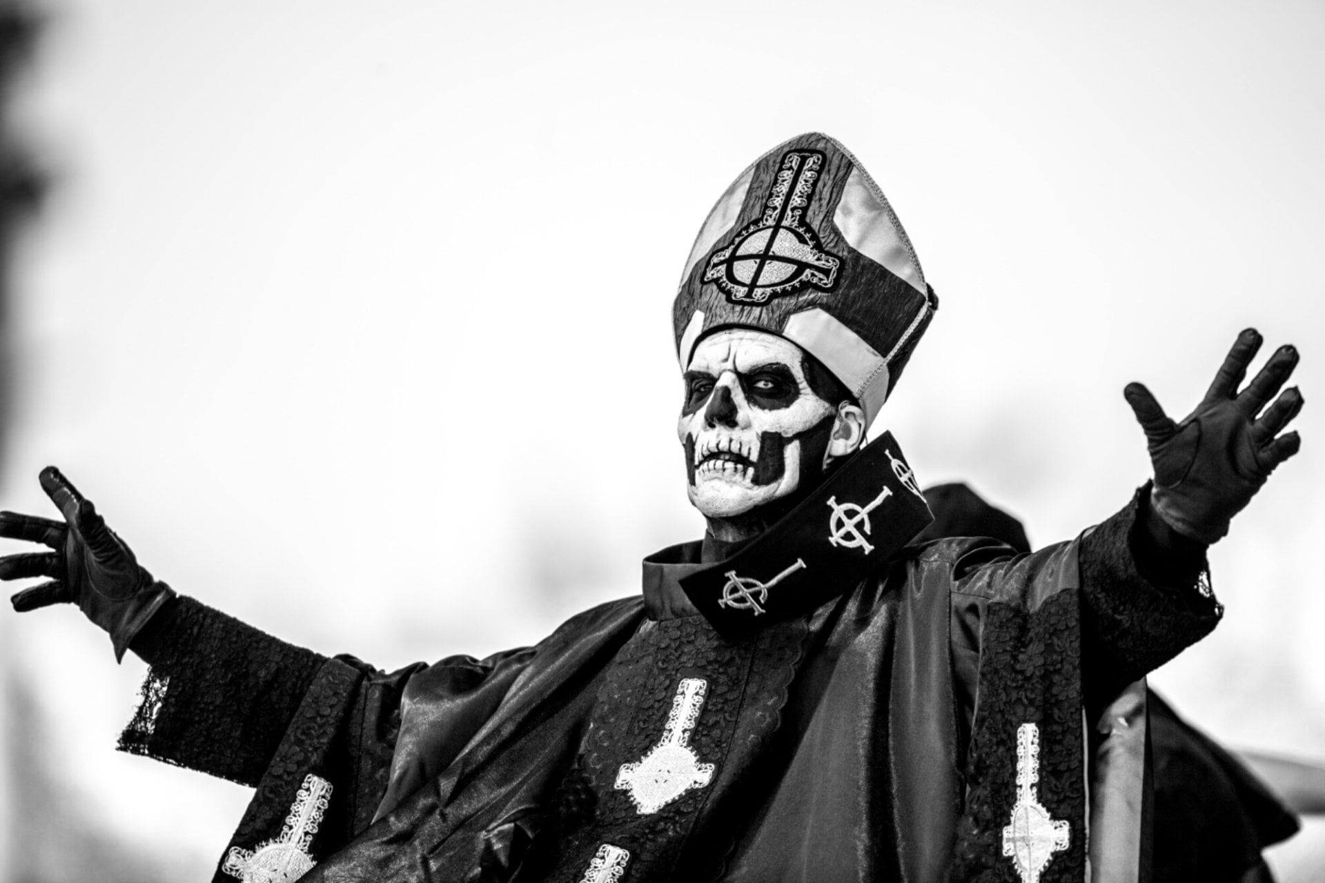1080P, male likeness, religion, arms raised, obscured face, celebration, nature, sky, human representation, representation, day, Ghost B.C., costume, clothing, HD Wallpaper