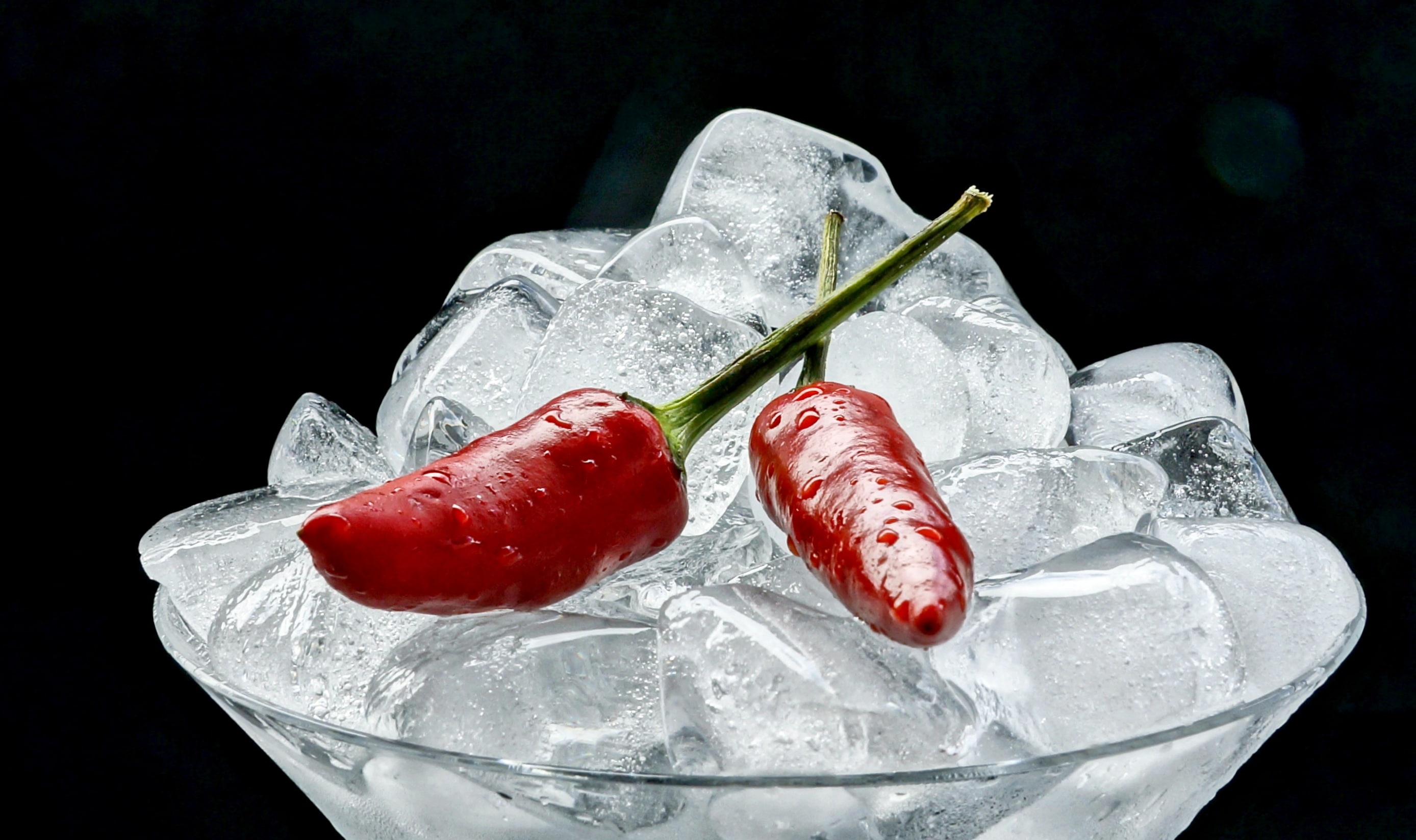 healthy eating, indoors, close-up, temptation, water, freshness, black background, focus on foreground, fruit, wellbeing, chilli peppers, ice, red, cold temperature, HD Wallpaper