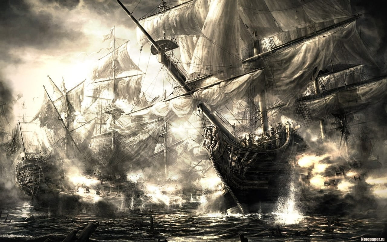 beauty in nature, sunlight, nature, smoke - physical structure, monochrome, water, outdoors, 720P, plant, cloud - sky, illuminated, pirates, art, ships, HD Wallpaper